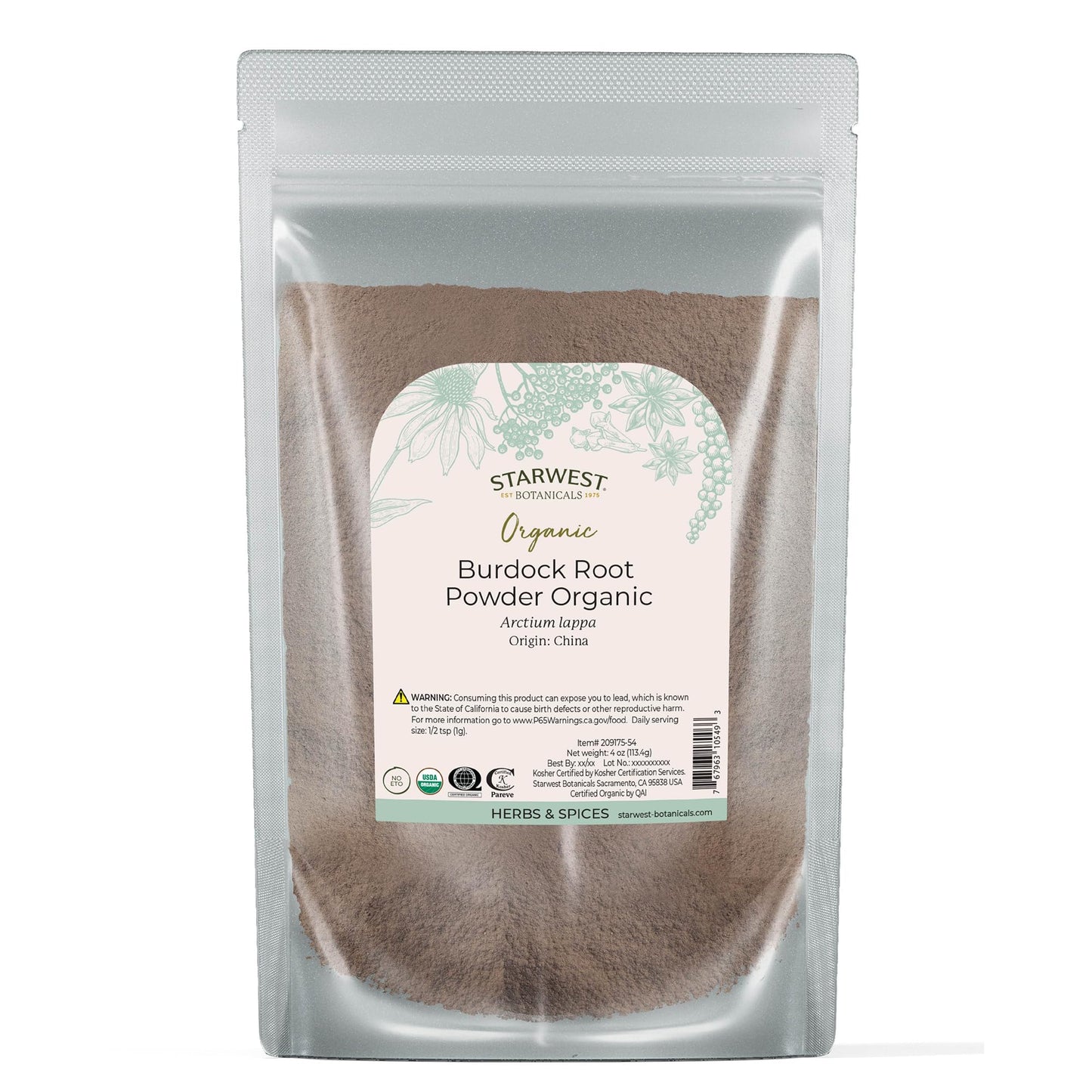 Starwest Botanicals Burdock Root Powder Organic, 4 oz