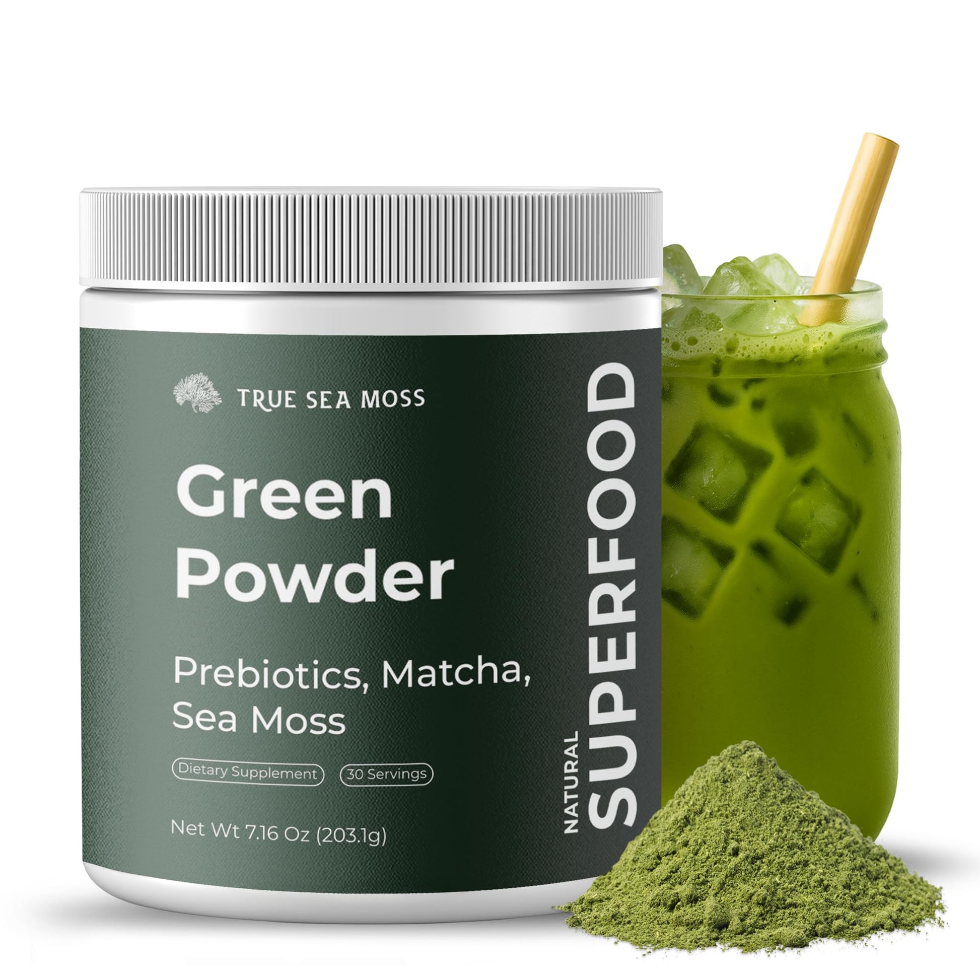 TrueSeaMoss Super Greens Powder with Matcha for Digestive & Gut Health – 25 Superfoods with Probiotics, Prebiotics, Enzymes & Sea Moss – Vegan Superfood Powder for Bloating & Regularity, 7.16 oz