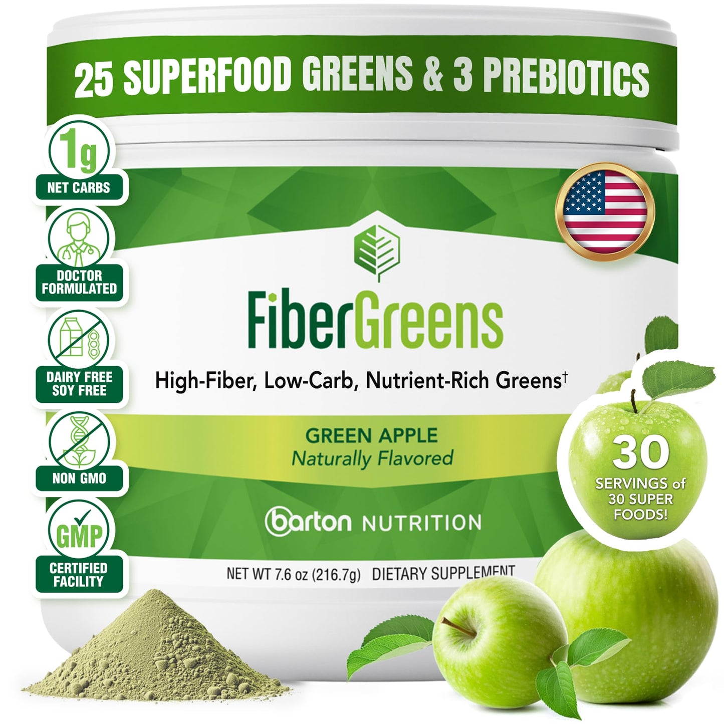 Barton Nutrition Fiber Greens Powder 7.6 Ounce