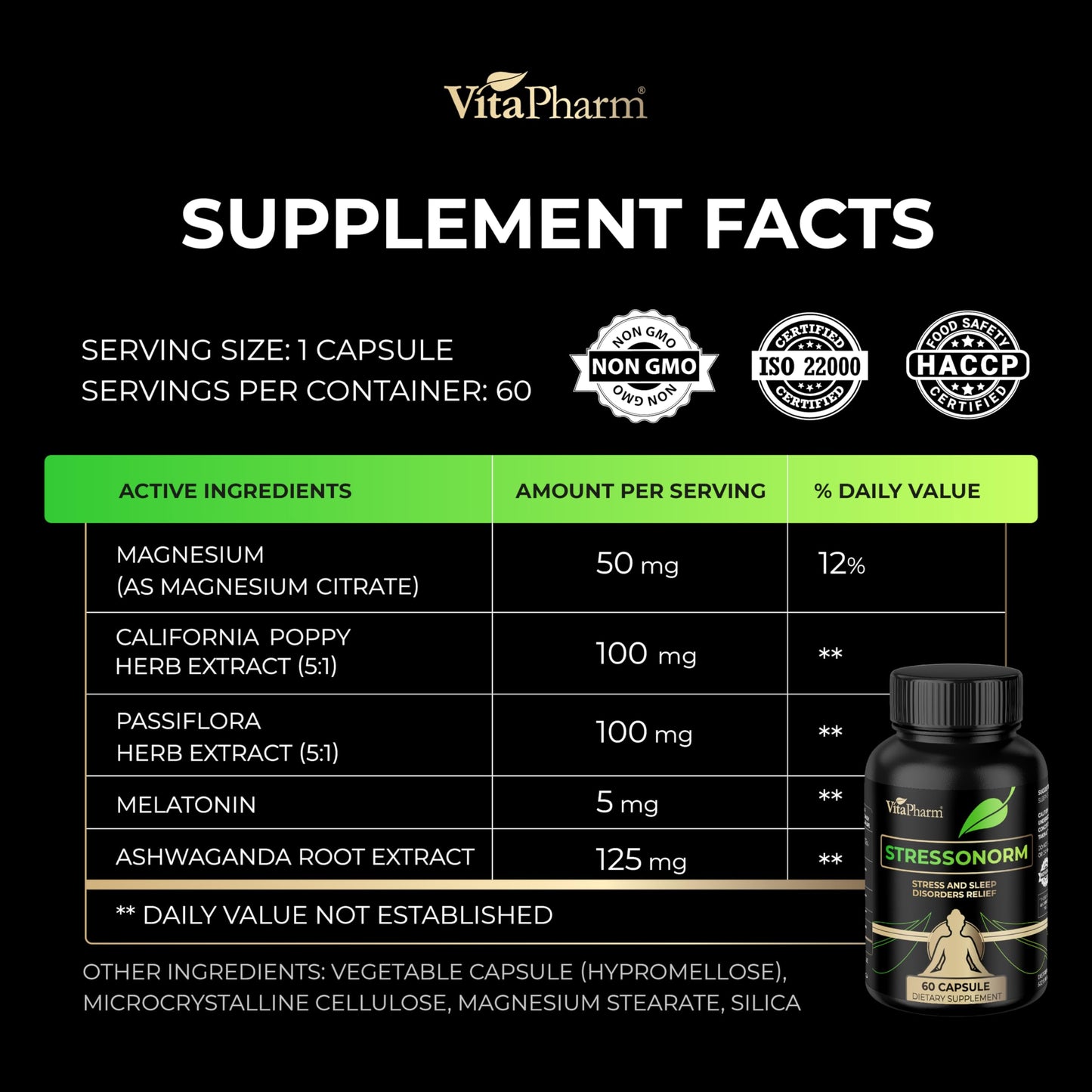 VitaPharm Stressonorm Ashwagandha & Magnesium for Stress, Calm & Better Sleep Capsule, 60 Capsules