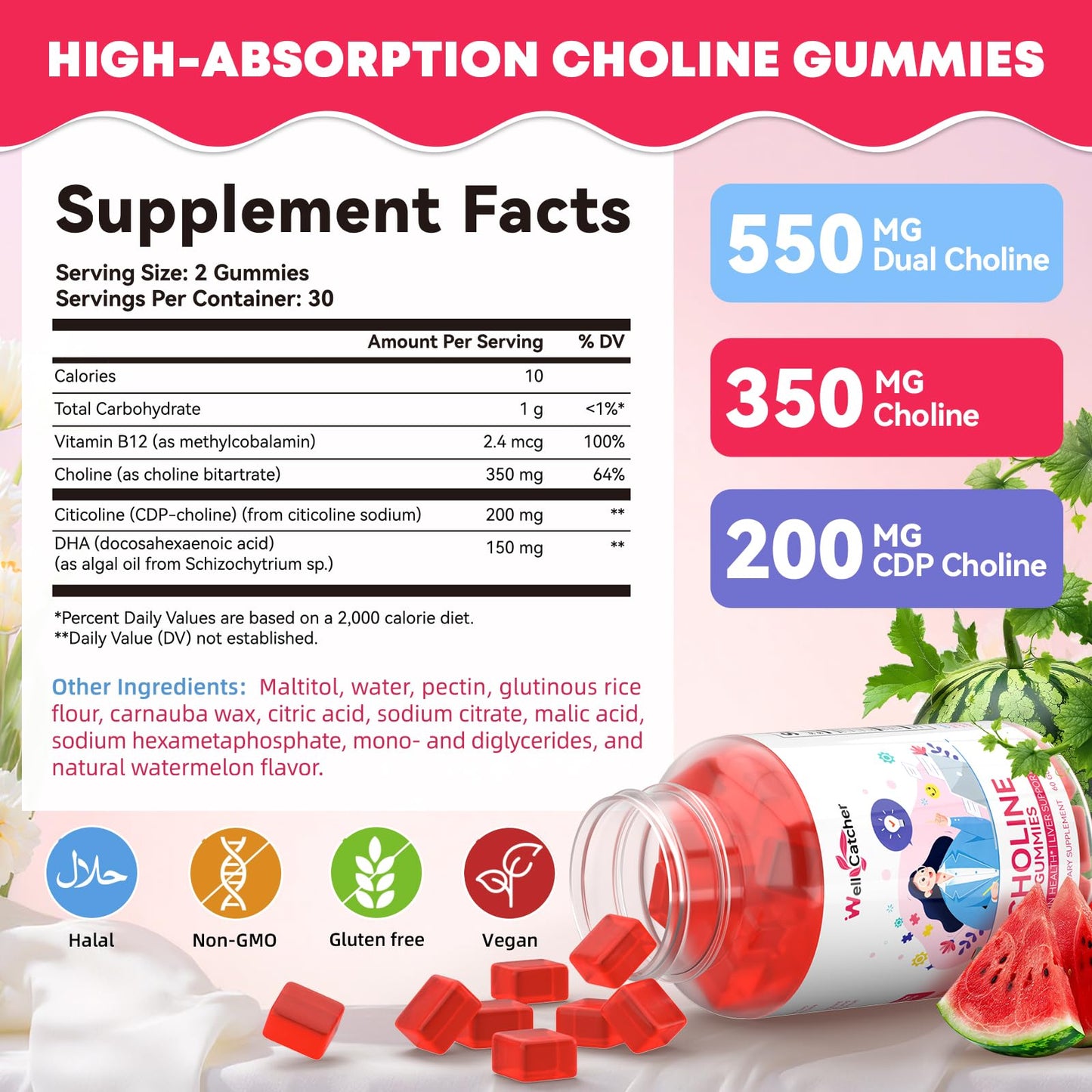 Wellcatcher CDP Choline Supplement Gummies, 60 Count