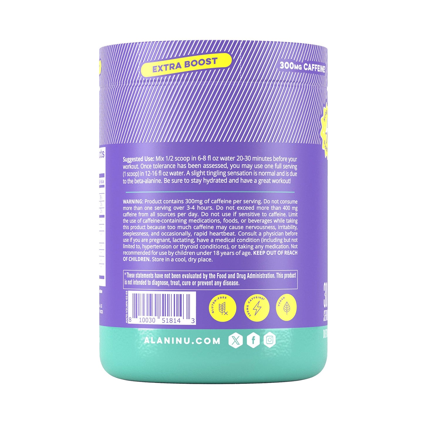 Alani Nu Pre Workout+ Powder Frozen Lemonade Extra Boost Sugar Free 300mg Caffeine L-Theanine Beta-Alanine Citrulline 13.8 oz