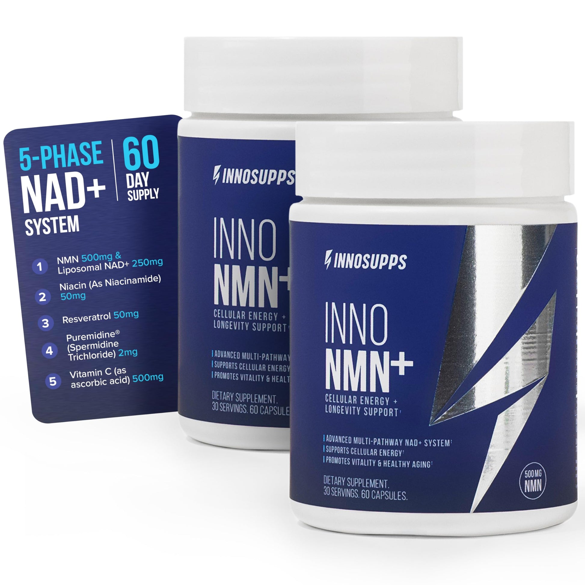 InnoSupps Inno NMN+ Supplement 500mg with NAD+ for Brain Function, Anti Aging & Cell Regeneration, Supports Cellular Energy, Muscle & Heart Health, w/Resveratrol, Niacin, & Vitamin C - 60 Servings - 120 Capsules