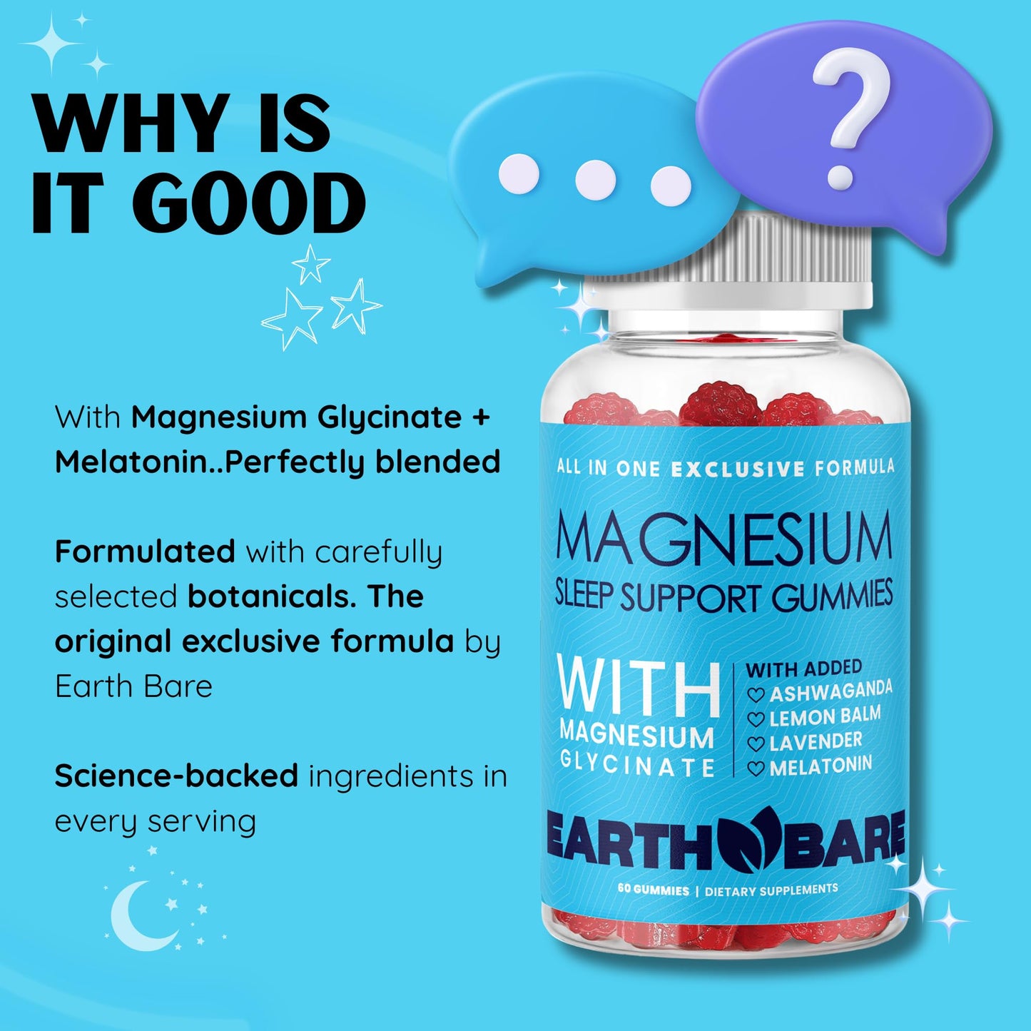 Earth Bare Sleep Gummies with Magnesium Glycinate, Melatonin, Ashwagandha, Lavender – Extra Strength Sleep Support Gummies, Magnesium and Melatonin Supplement, 60 Gummies