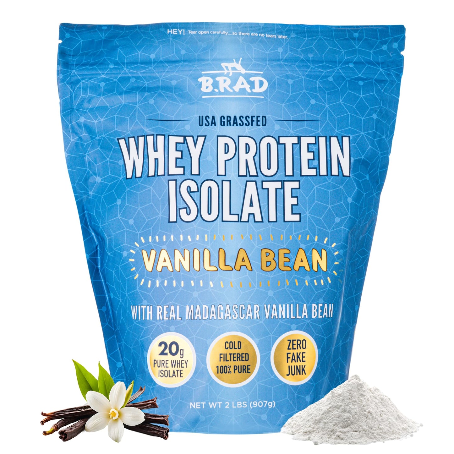 B.rad Grass-Fed Whey Protein Isolate Powder Vanilla Bean 32 Servings
