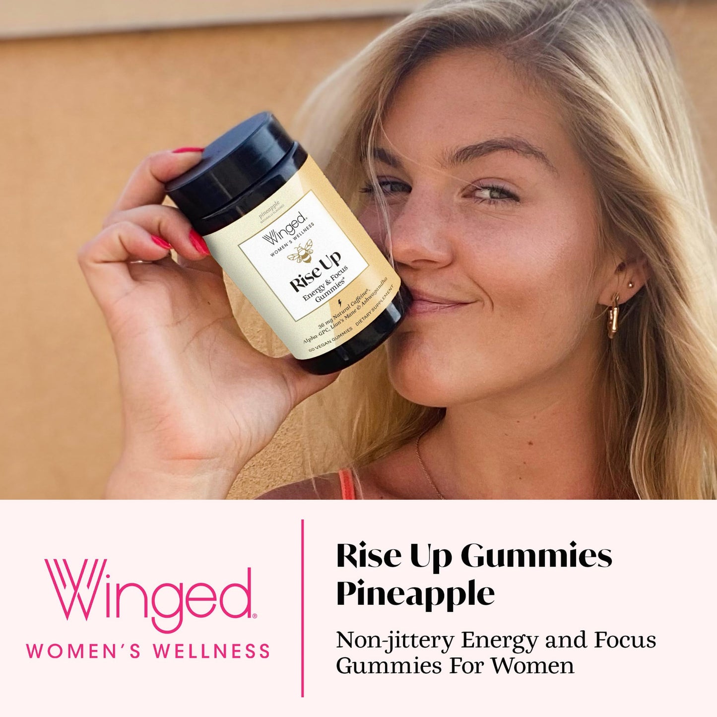 Winged Wellness Rise Up Energy & Focus Gummies for Women – Daily Brain Boost Gummy Supplement with Natural Caffeine, Ashwagandha, B12, Nootropics Alpha-GPC & Lion’s Mane – Pineapple, 60 Gummies