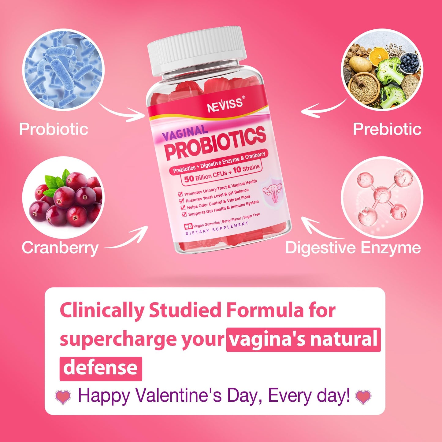 NEVISS Vaginal Probiotics for Women, PH Balance Gummies 60 Count