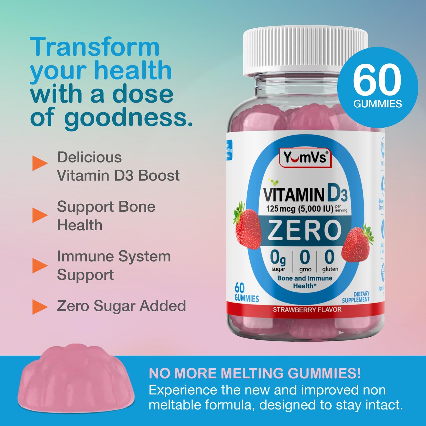 YUM-V'S Vitamin D3 Gummies with Zero Sugar for Adults & Kids (125 mcg) 60 Count