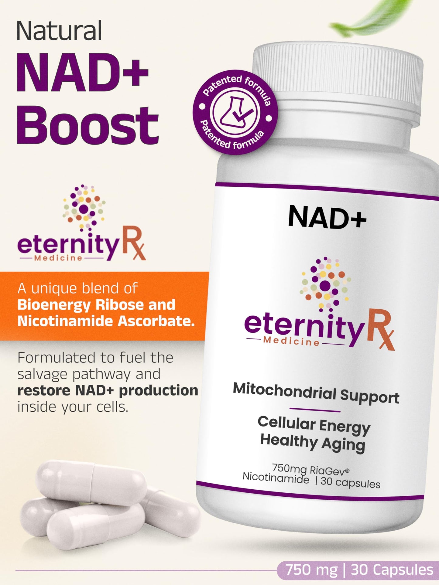 Eternity Medicine Rx NAD+ Supplement with RiaGev-WS 750mg Ribose + Nicotinamide Ascorbate Complex Capsule, 1 Count