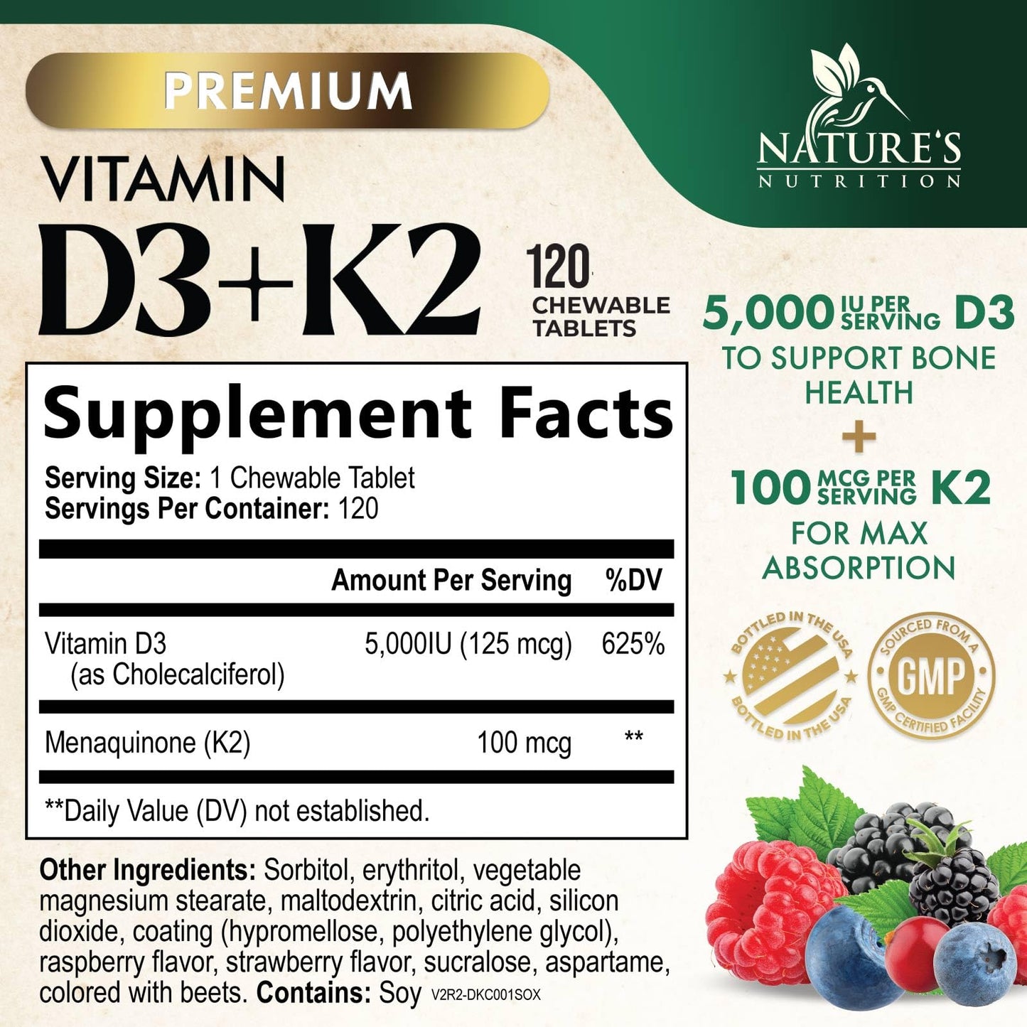 Nature's Nutrition Vitamin D3 K2 Supplement Tablet 120 Tablets