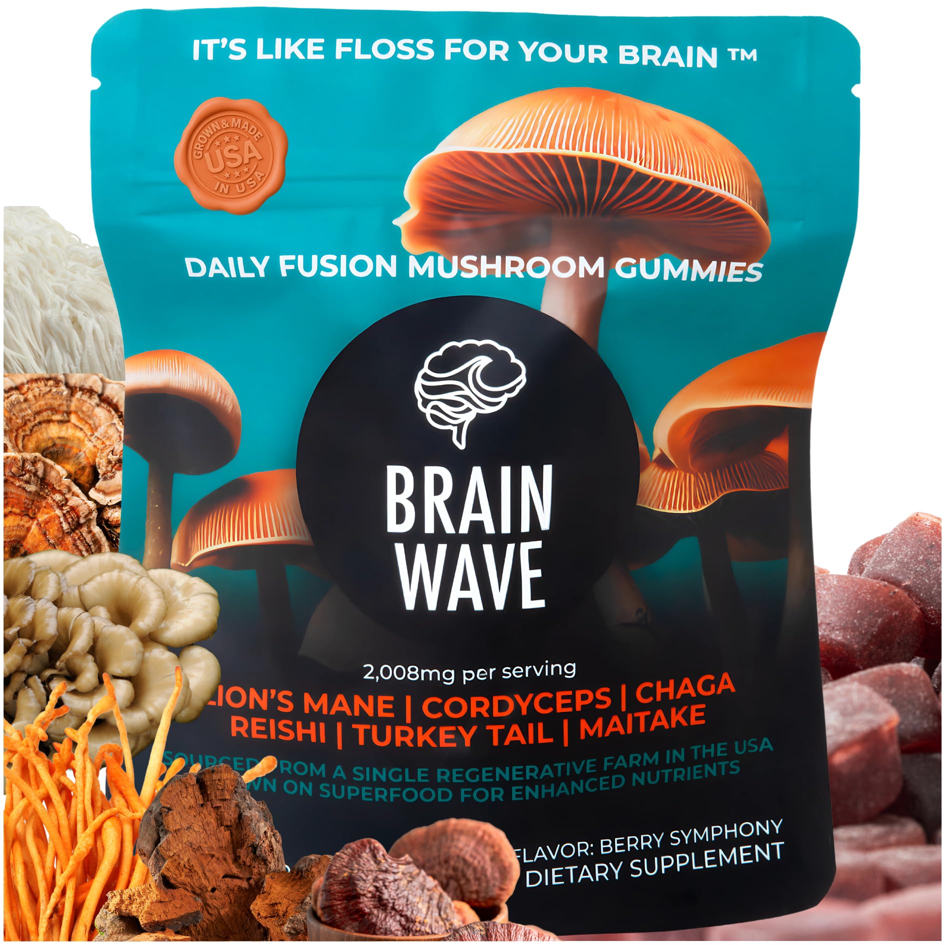 BRAIN WAVE Superfood Mushroom Gummies, 60 Count