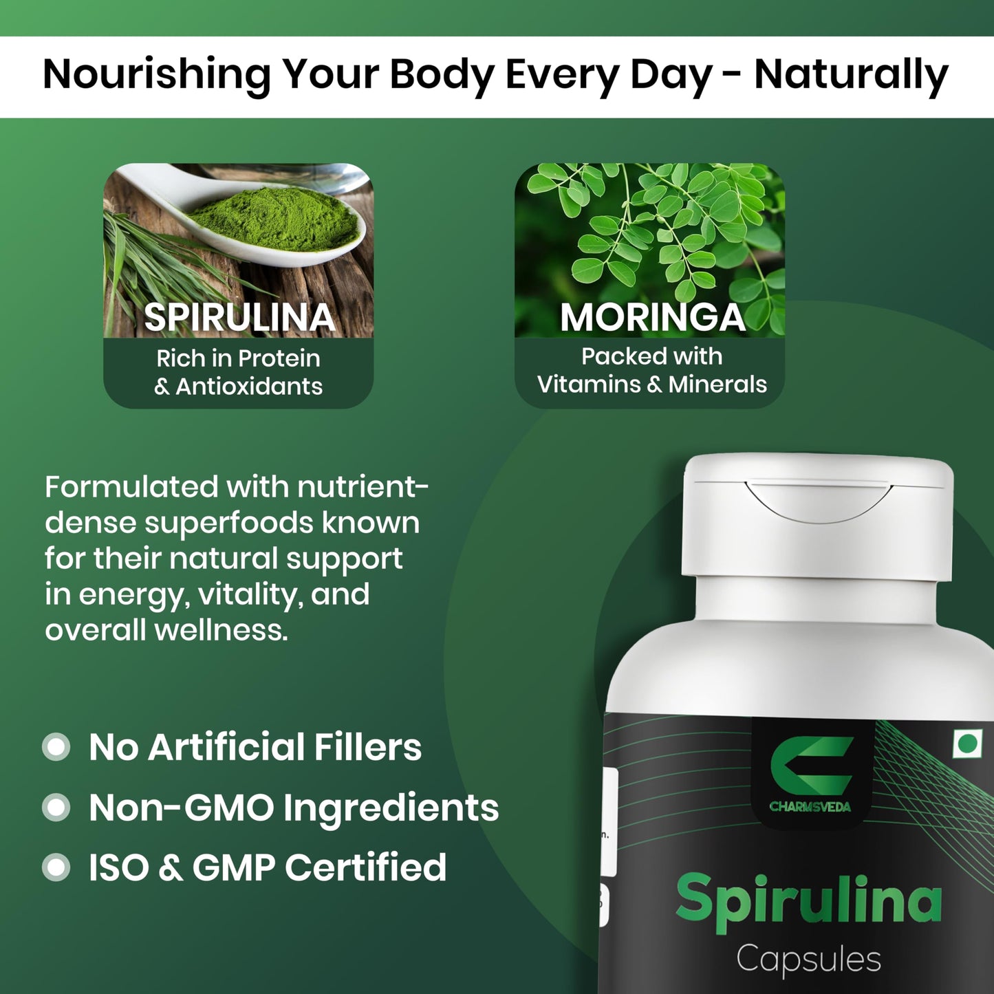 CHARMSVEDA Spirulina Capsules with Moringa, 60 Capsules