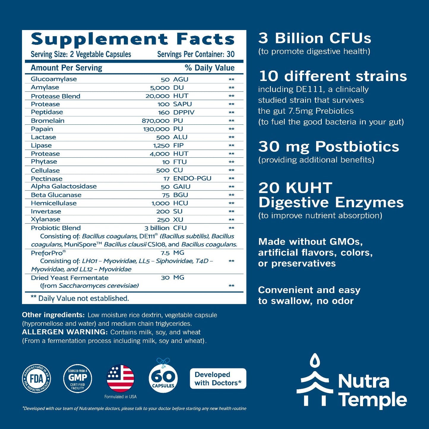 NUTRATEMPLE 4 in 1 Pre Post Probiotics & Digestive Enzymes for Women & Men - Digestive Health, Gut & Immune Support for Occasional Constipation, Diarrhea, Gas & Bloating, Capsule, 60 Count
