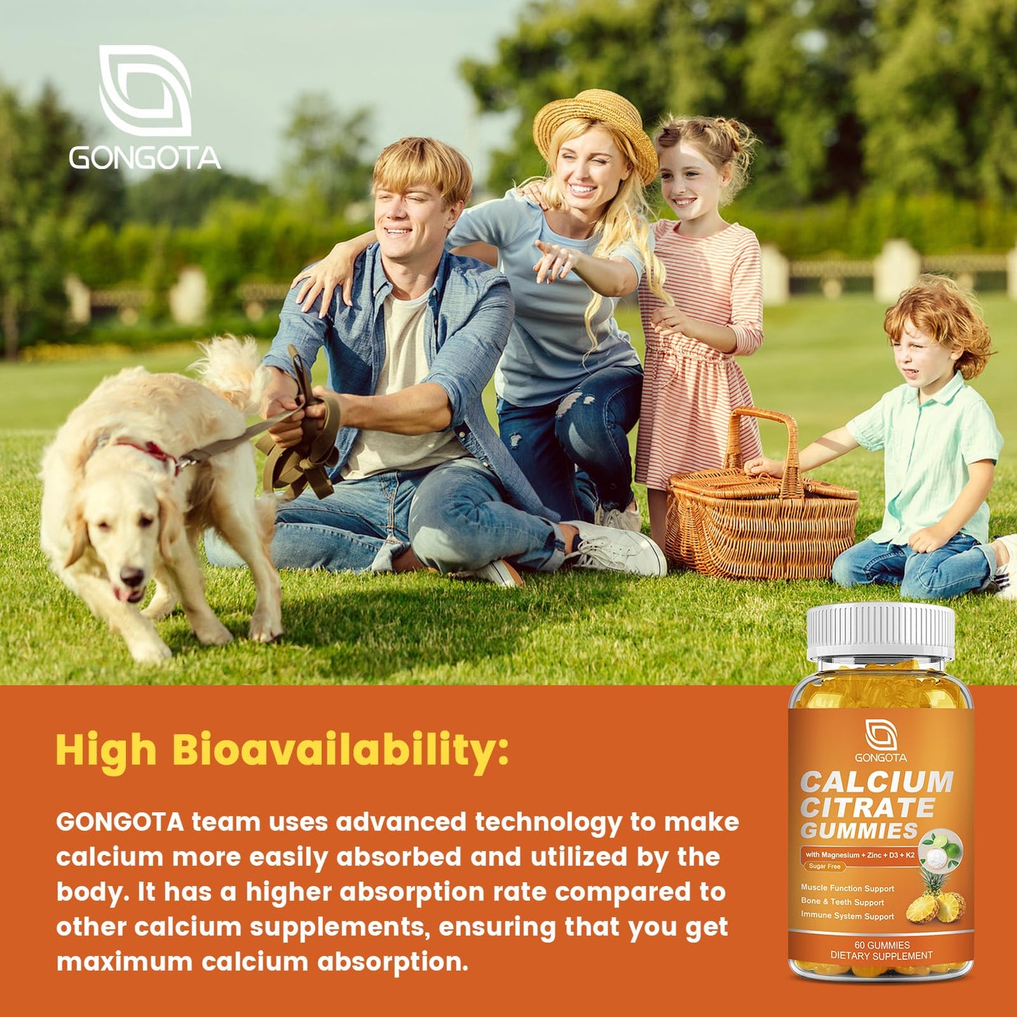 GONGOTA Calcium Citrate 1200mg with Vitamin D3 Gummy, Chewable Calcium for Bone, Muscle, Joints, Immune Support, Sugar Free Pineapple Flavor - 120 Gummies