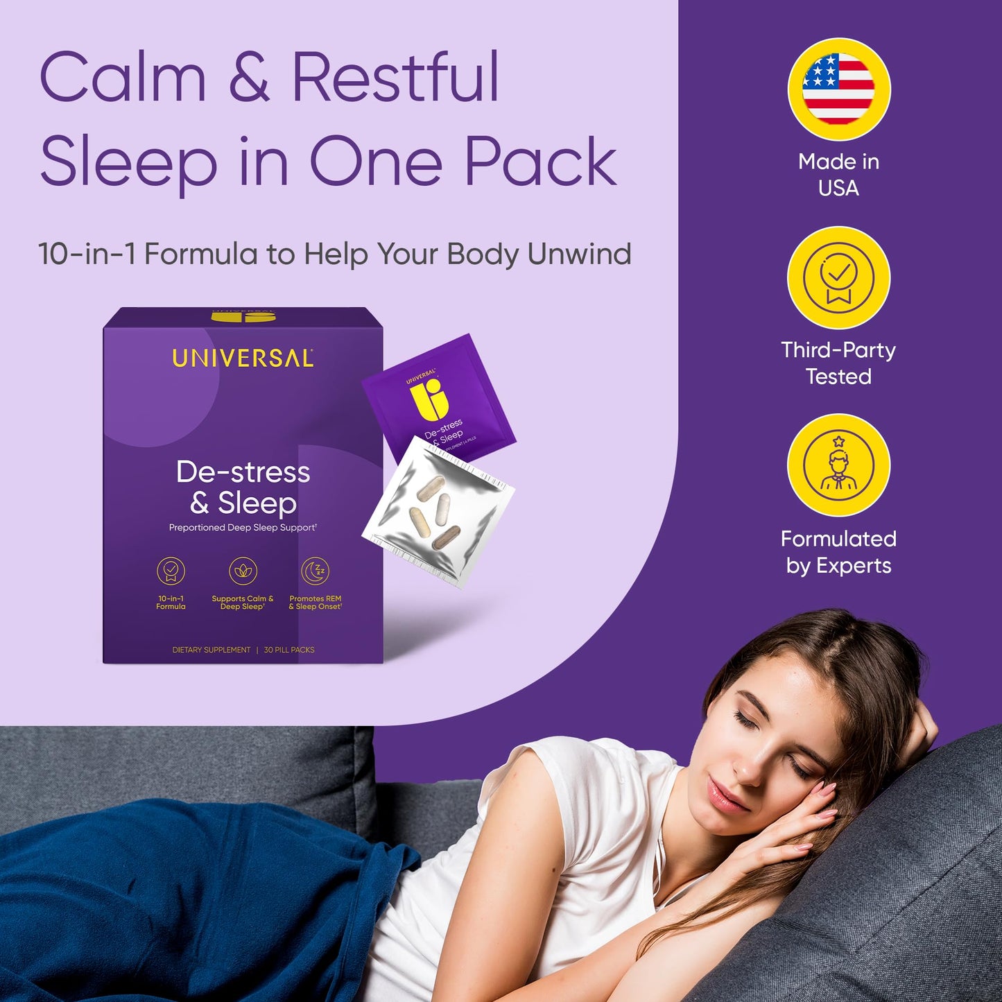 Universal U De-Stress & Sleep Supplement 10-in-1 Natural Sleep Aid Capsules 30 Count