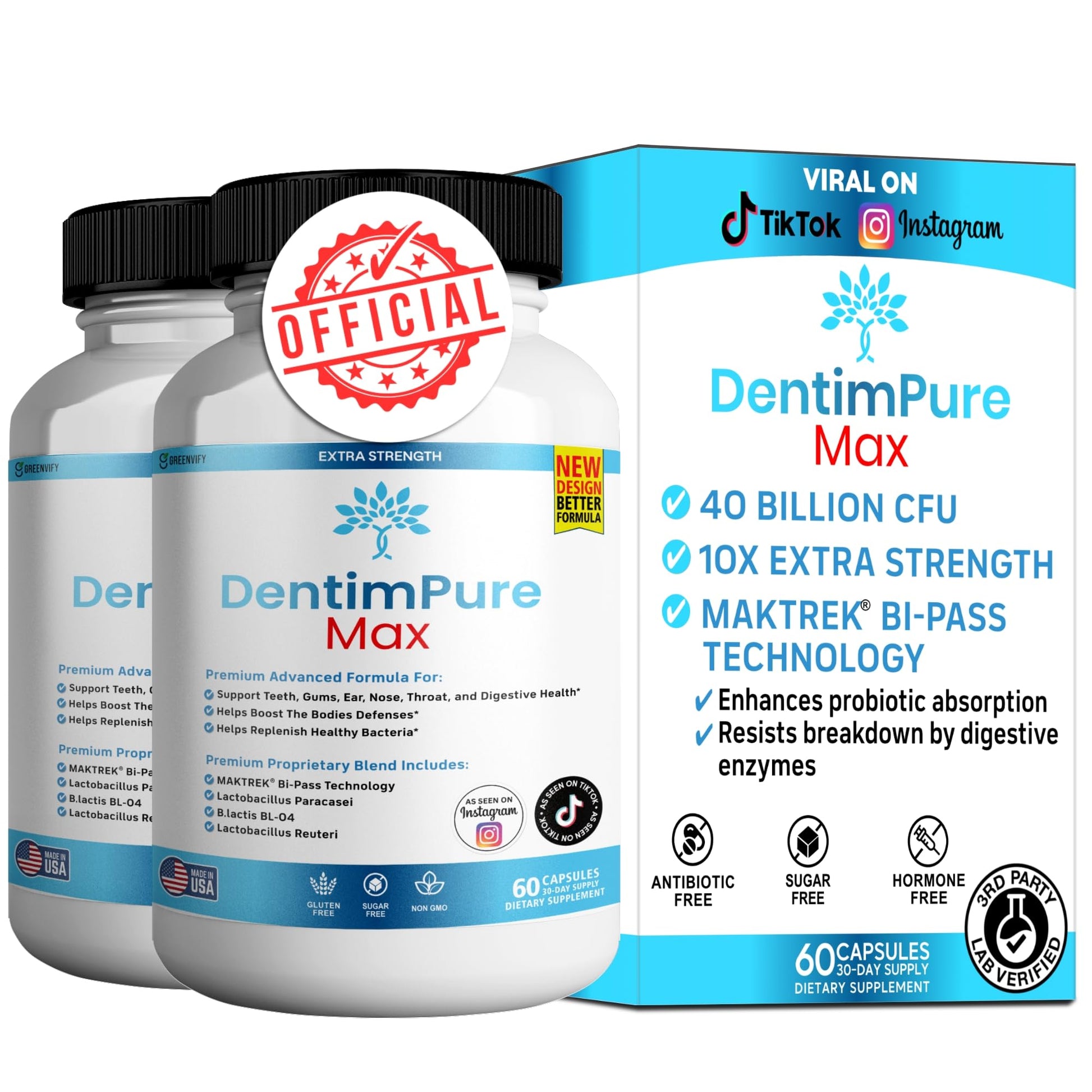 GREENVIFY DentimPure Max Extra Strength Probiotic Supplement with 40 Billion CFU, Supports Teeth, Gums, Ear, Nose, Throat & Digestive Health, 120 Capsules