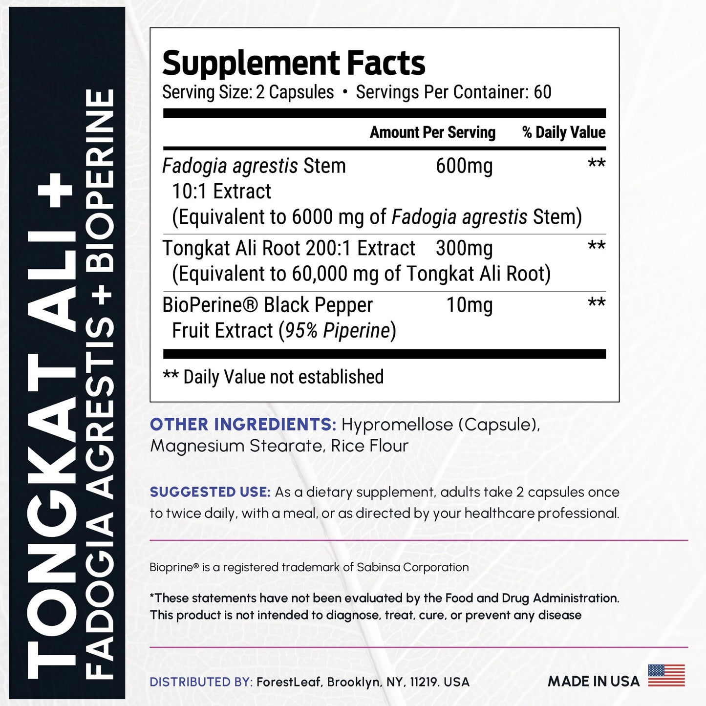 ForestLeaf Tongkat Ali and Fadogia Agrestis for Men Supplement with BioPerine, Max Strength 200:1 Extract, 120 Capsules