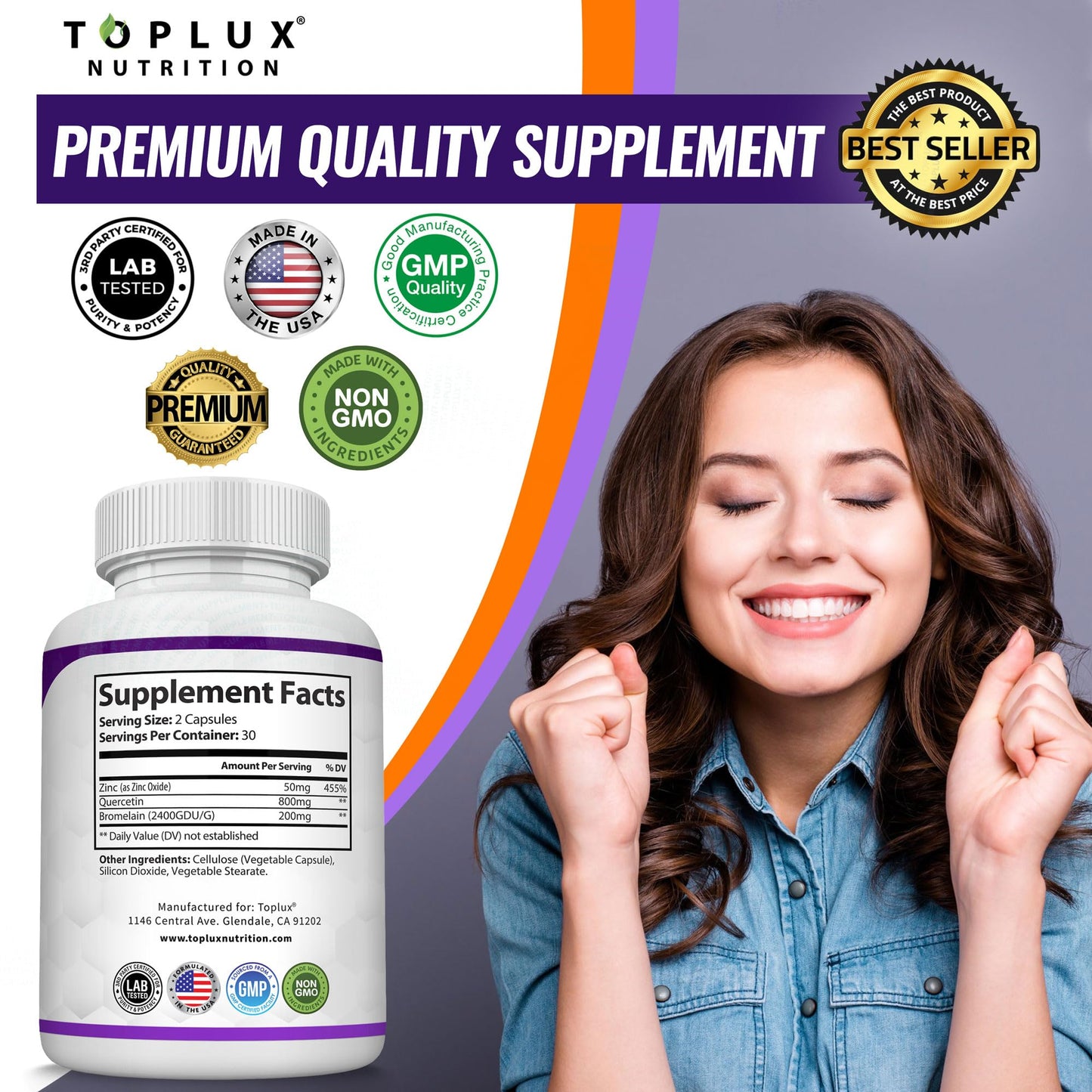 Toplux Quercetin with Bromelain and Zinc 1050mg Capsule, 60 Count