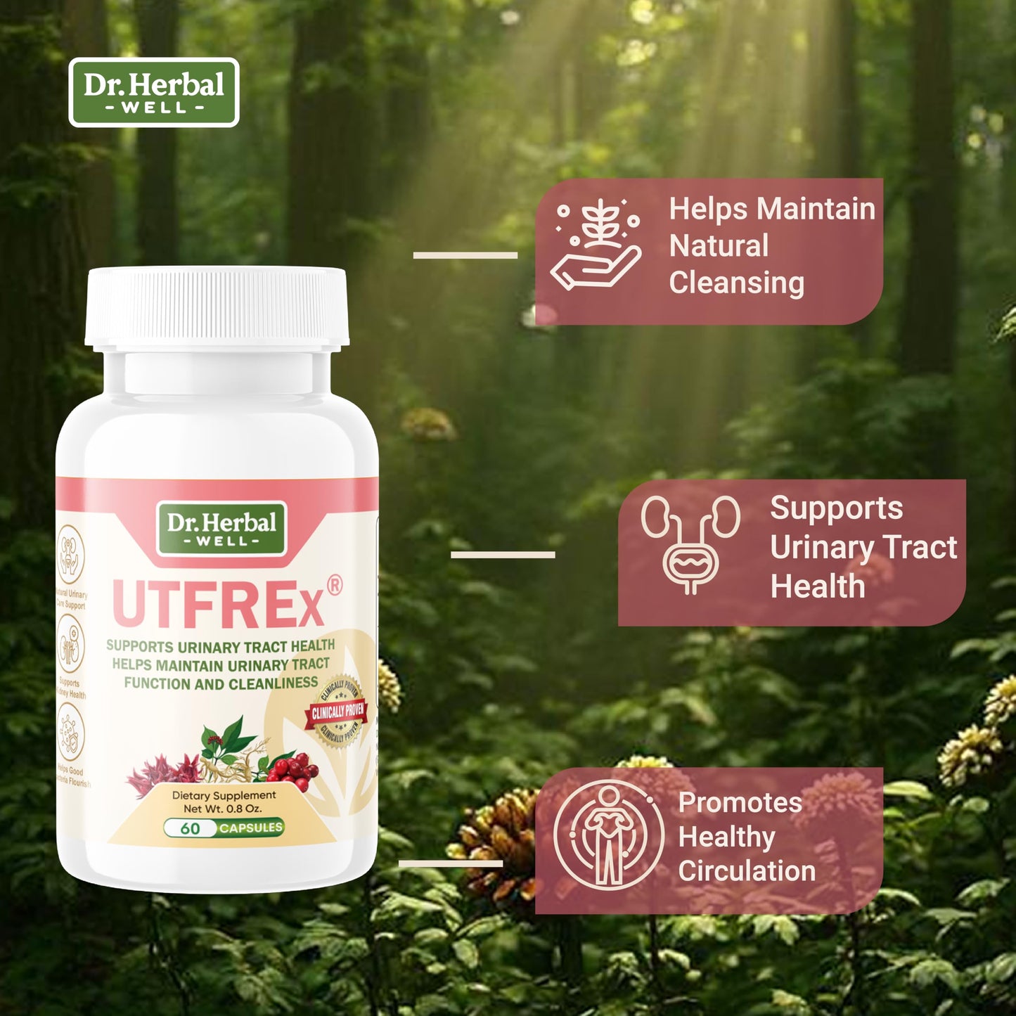 DR. HERBAL WELL UTFREX Clinically Proven Urinary Tract UTI Health Supplement Natural Support Cleanse Flush Protect (No Probiotics & D-Mannose) Capsule 1