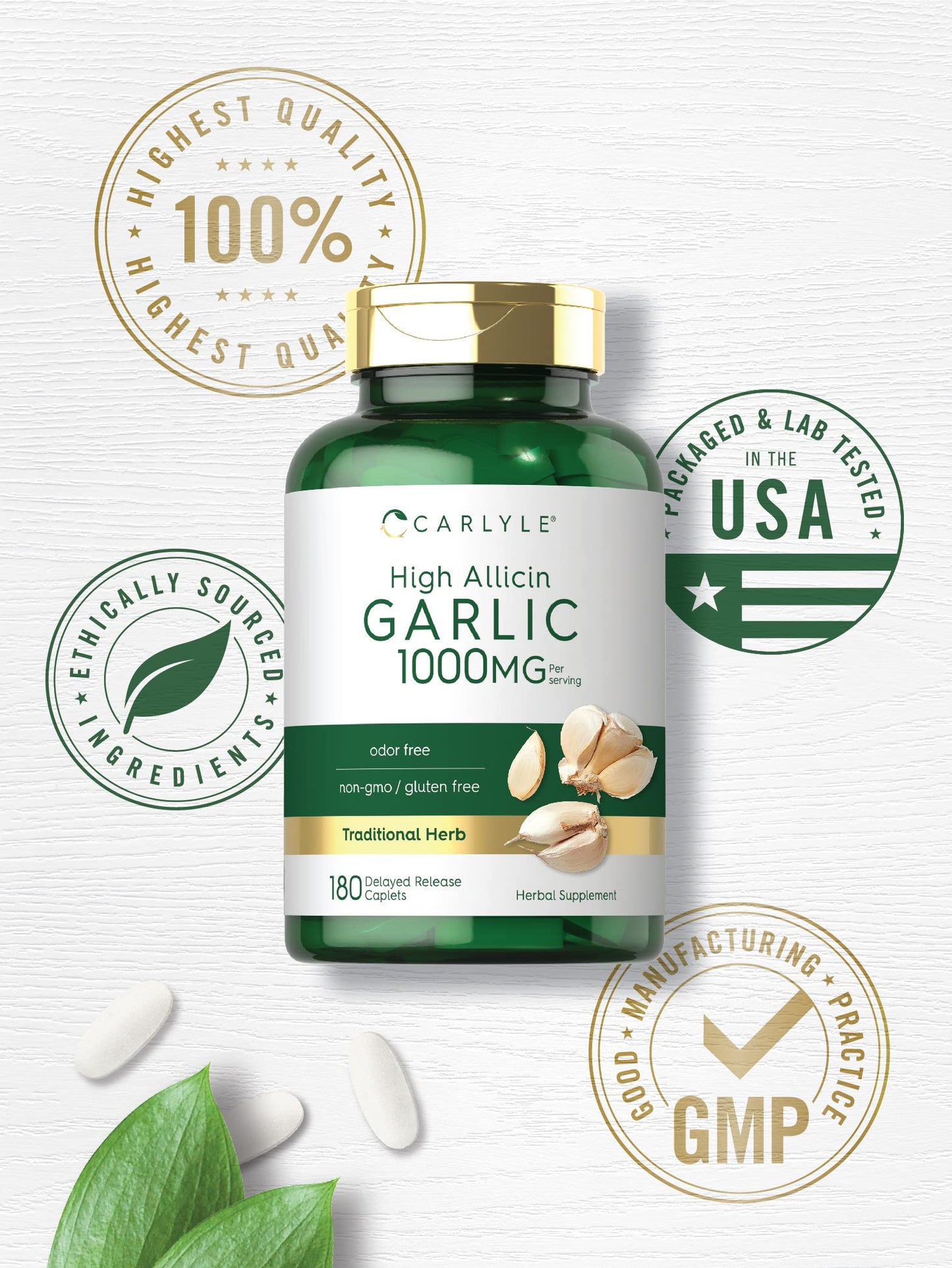 Carlyle Garlic Supplement 1000mg Caplets, 180 Count