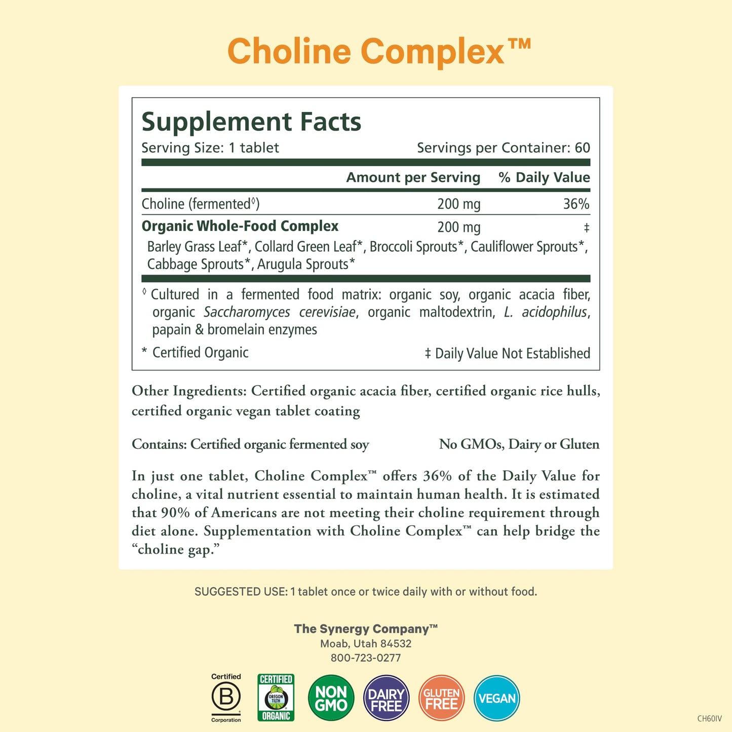 PURE SYNERGY Choline Complex Vegan Choline Supplement 60 Tablets