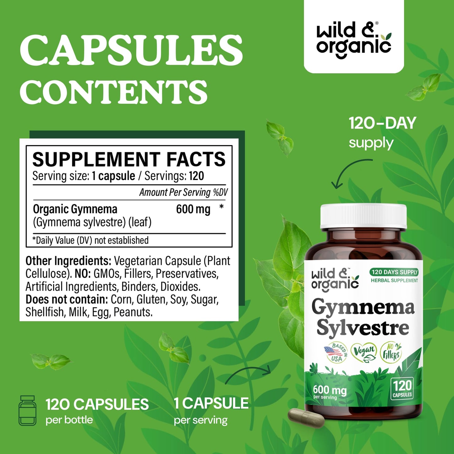 Wild & Organic Gymnema Sylvestre Capsules 600 mg, 120 Count
