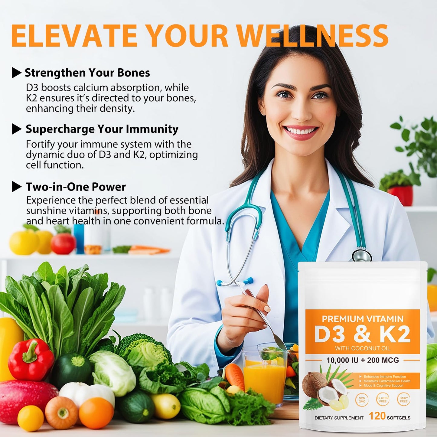 Flasture Vitamin D3 K2 Capsule, 10000 IU D3 + 200 mcg K2 (MK-7), 120 Capsules
