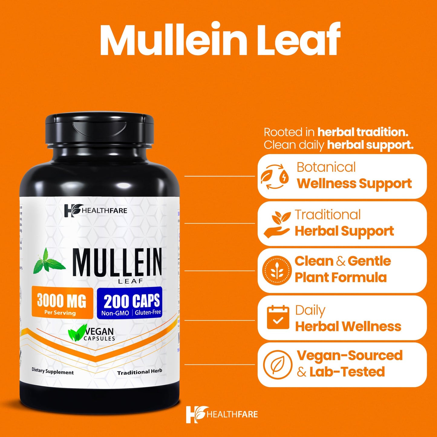 Healthfare Mullein Leaf Extract 3000mg Capsules, 200 Count
