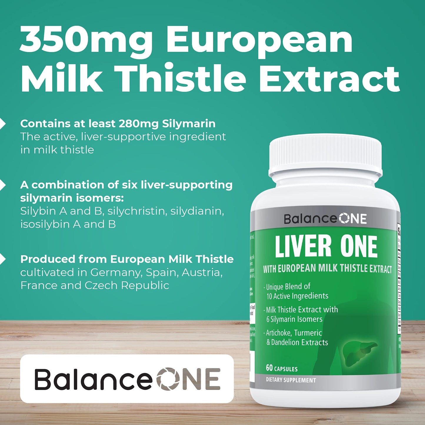 Balance ONE Liver Support Supplement with Milk Thistle, Molybdenum, Dandelion Root & Choline – Liver Health & Detox Support, 60 Capsules