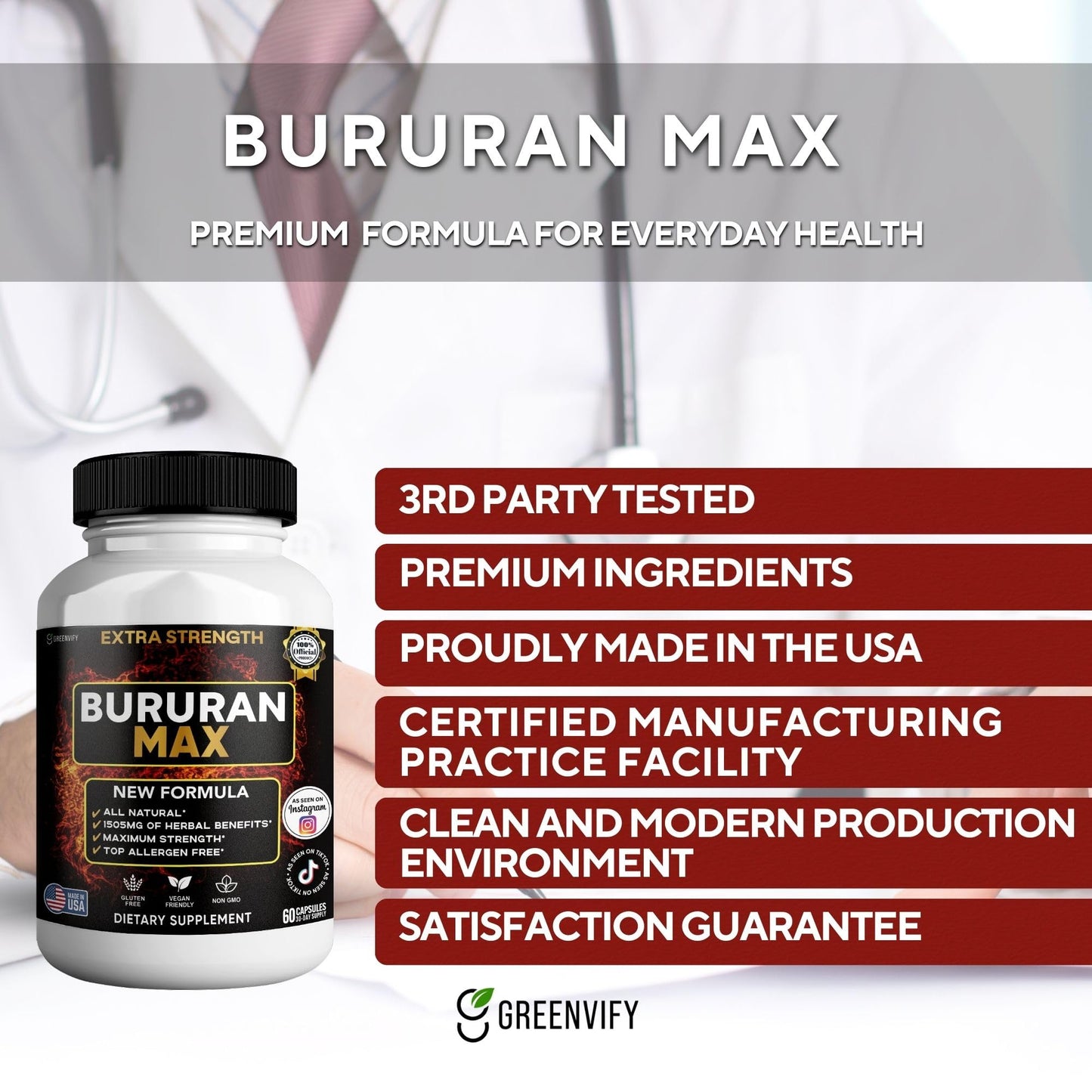 GREENVIFY Bururan Max Organic Maca Root Supplement Black Pepper 60 Capsules