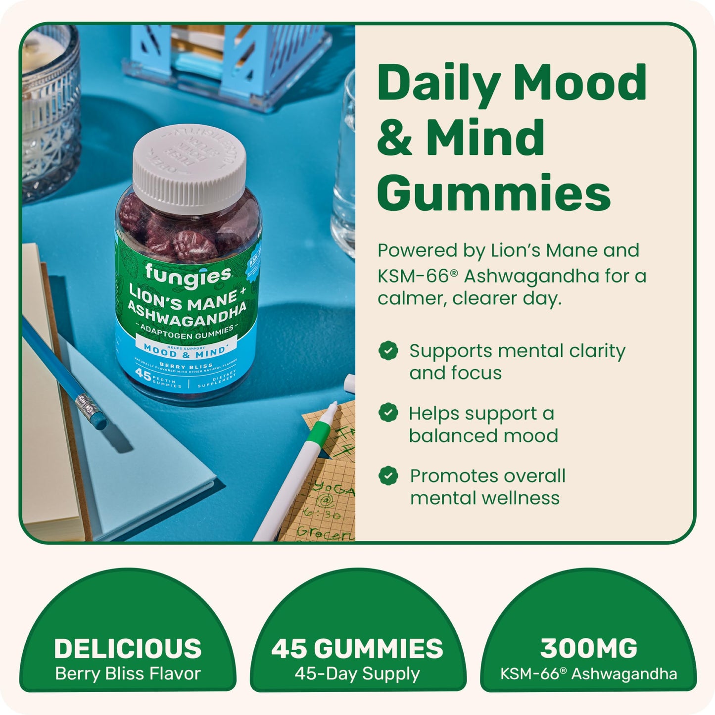 Fungies Lion's Mane KSM-66 Ashwagandha Gummies, 45 Count