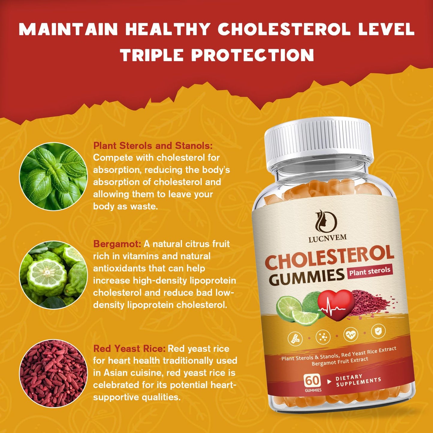 LUCNVEM Cholesterol Supplements Gummies for Healthy Cholesterol Levels with Plant Sterols & Stanols, Red Yeast Rice, Citrus Bergamot – 120 Count