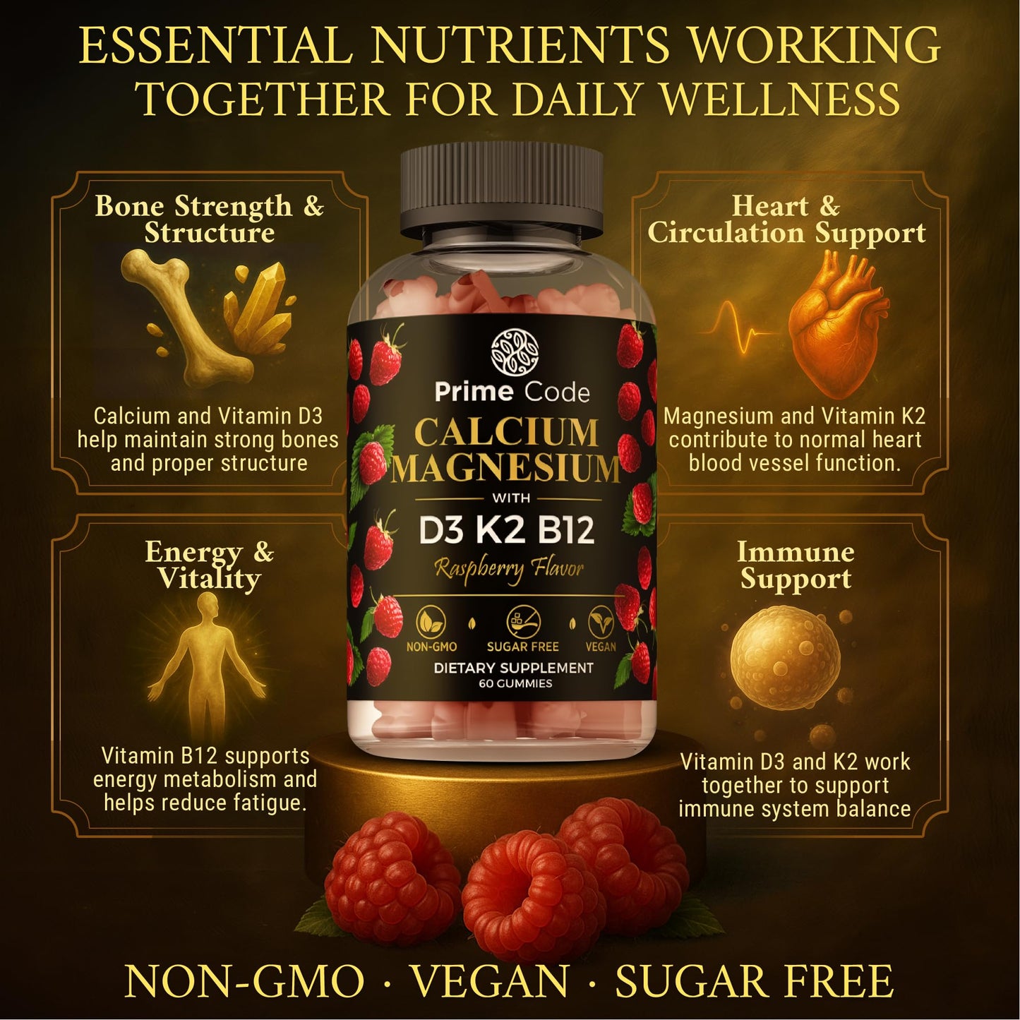 Prime Code Calcium Gummies with Magnesium, Vitamin B12, Vitamin K2 & Vitamin D3, 60 Count