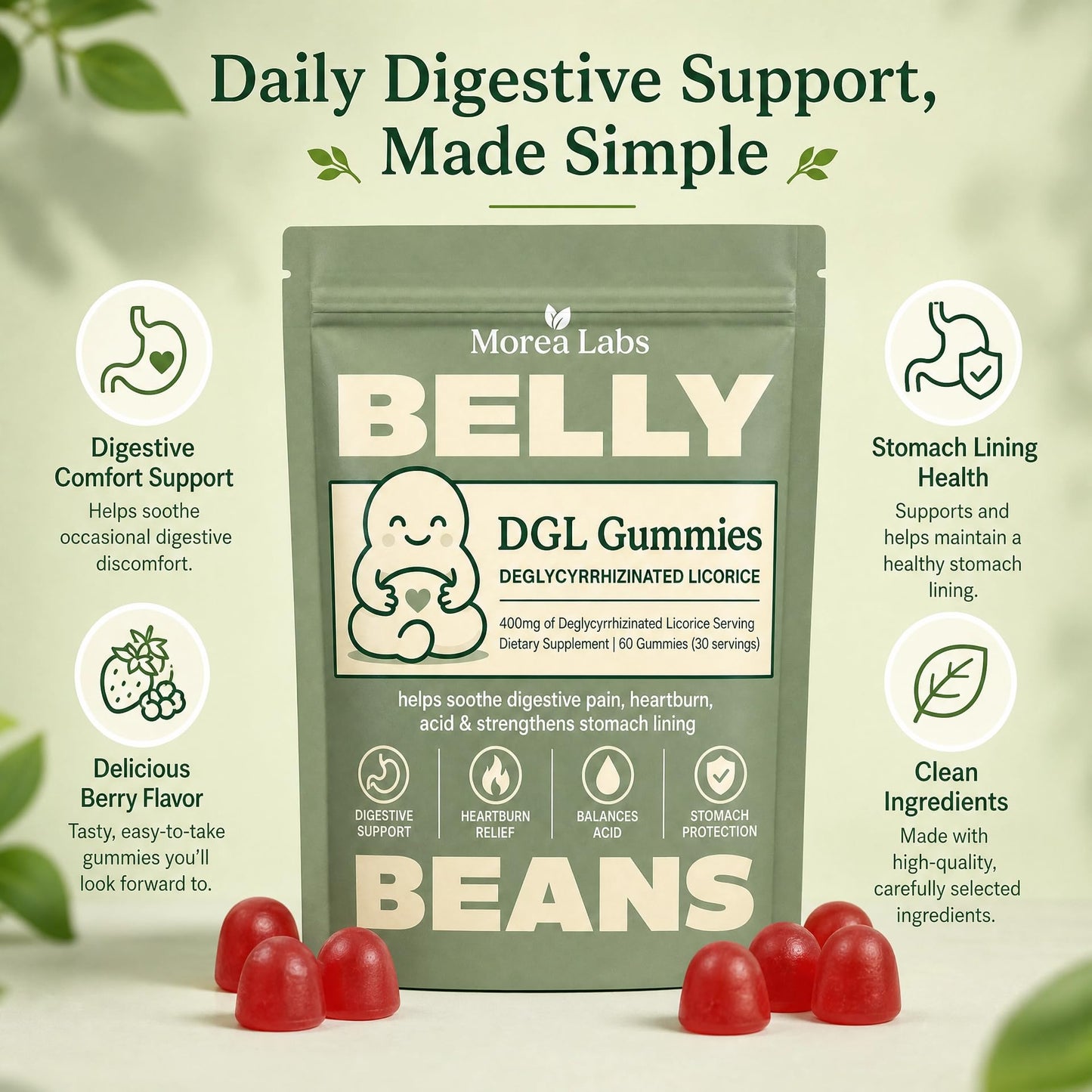 Morea Labs DGL Gummies 400mg Deglycyrrhizinated Licorice Root Extract, 60 Gummies