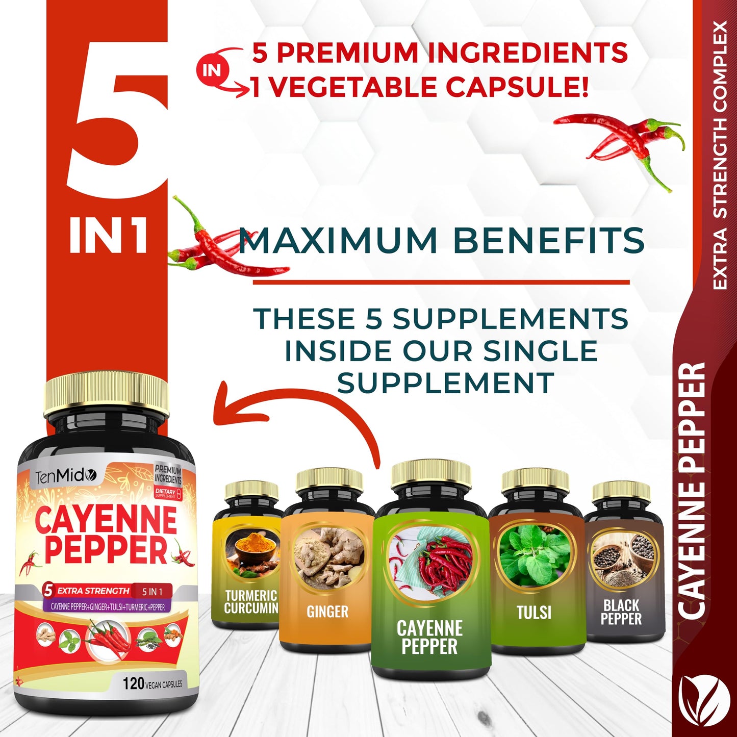 Tenmido Cayenne Pepper Supplements Extract Capsules, 120 Count