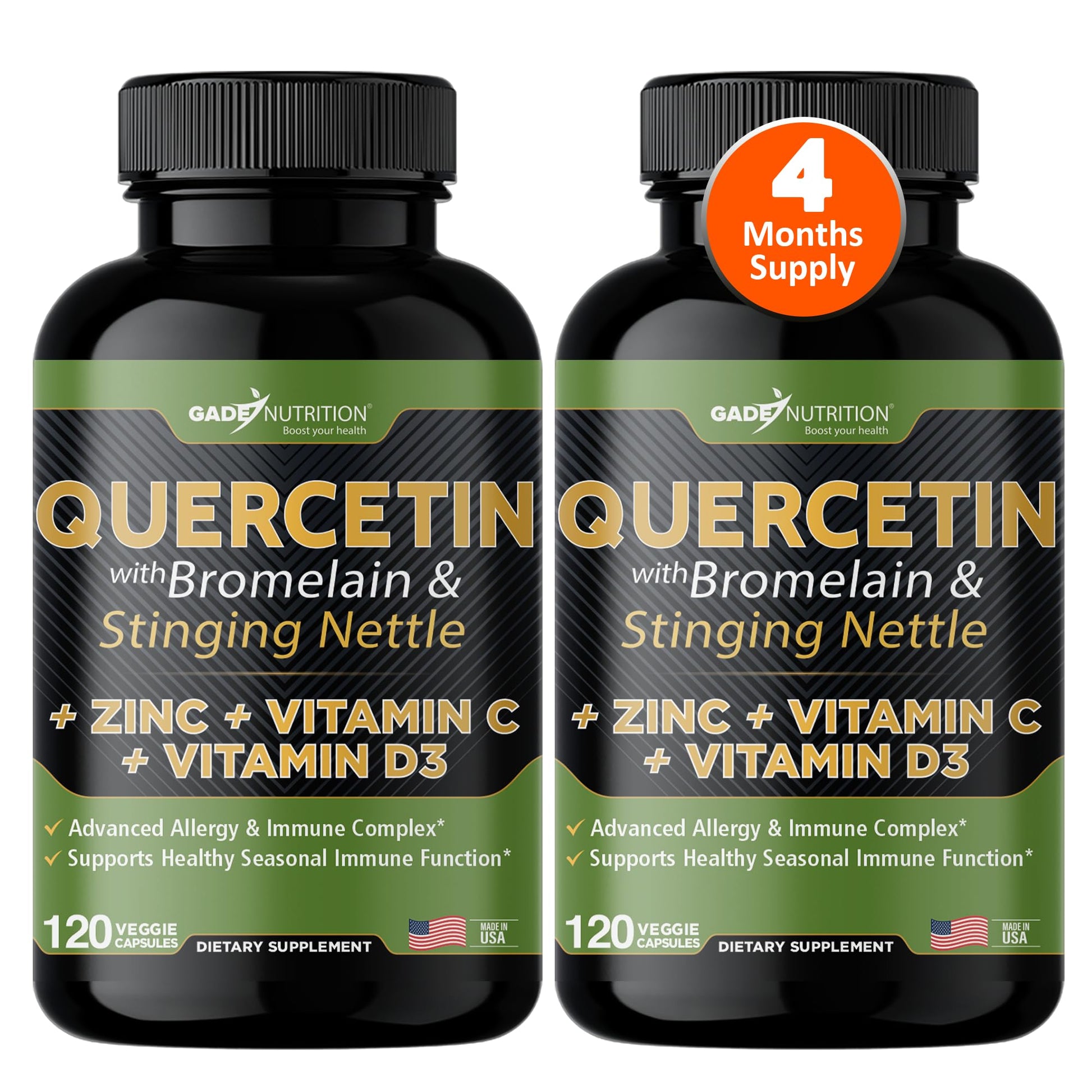 GADE NUTRITION BOOST YOUR HEALTH Quercetin with Bromelain Vitamin C and Zinc + Stinging Nettle Immune Support Supplement Capsules 240 Count