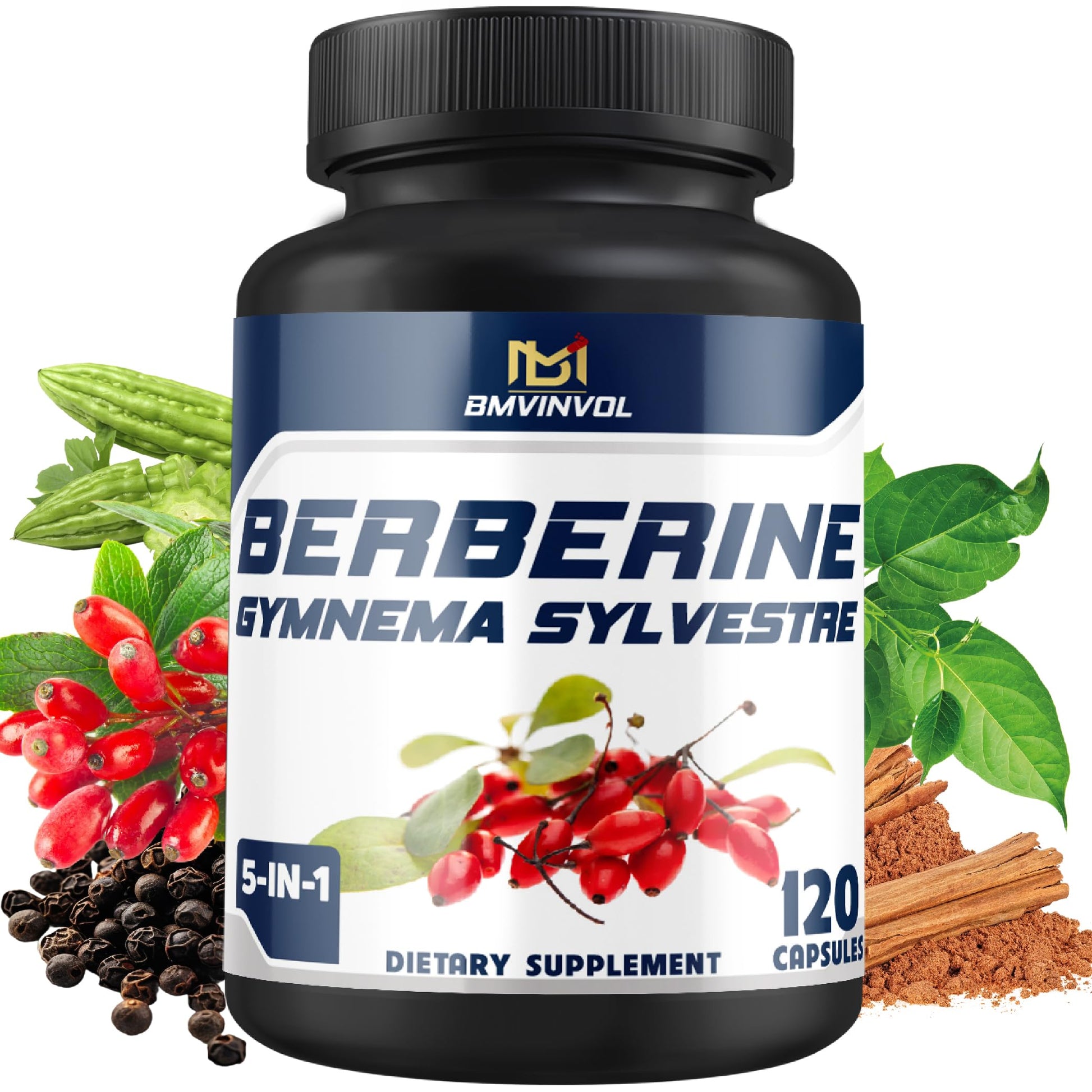 BMVINVOL 5-in-1 Berberine Supplement with Ceylon Cinnamon, Gymnema Sylvestre, Bitter Melon & Black Pepper Capsules, 120 Count