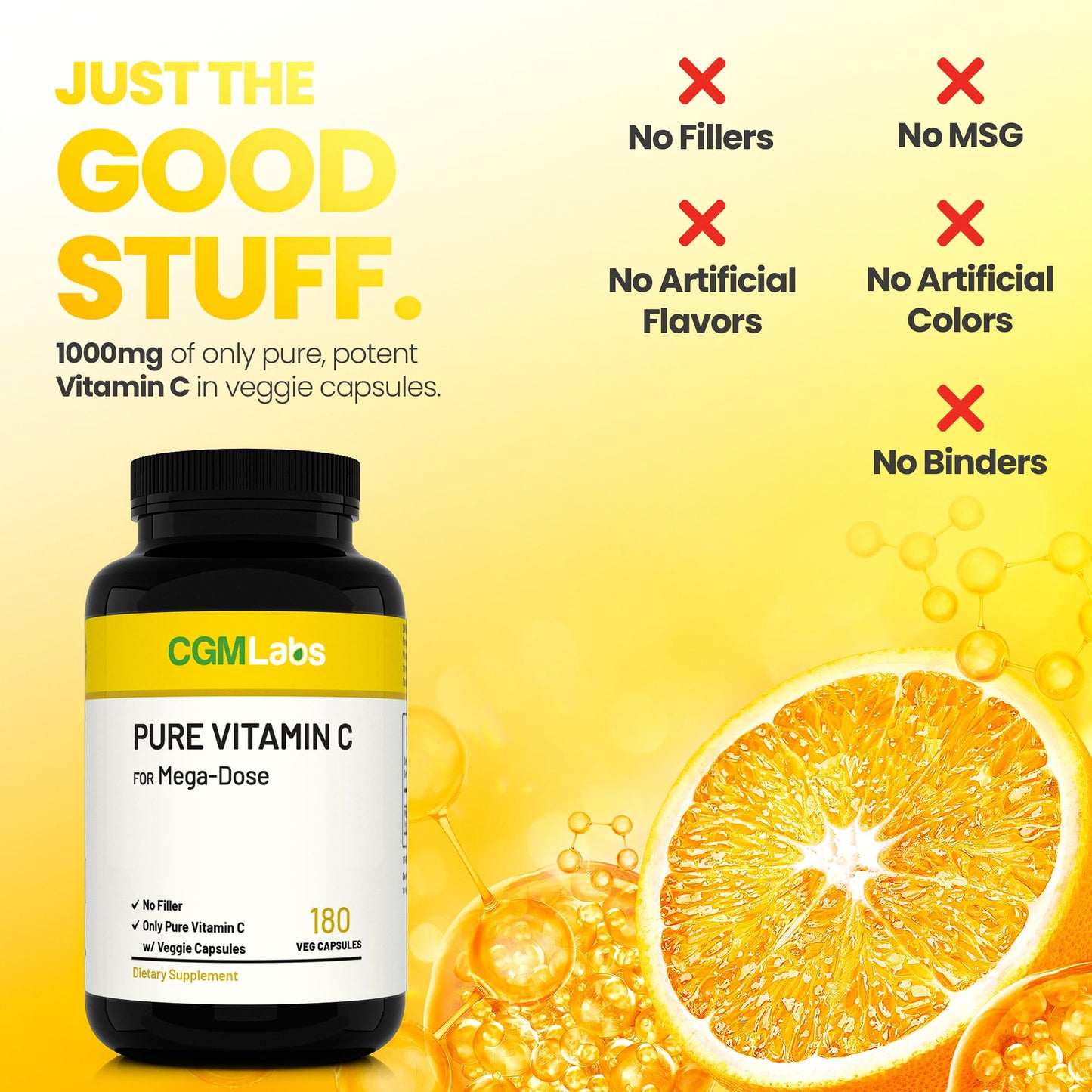 CGMLABS Mega Dose Pure Vitamin C 1000 mg Capsules, 180 Count