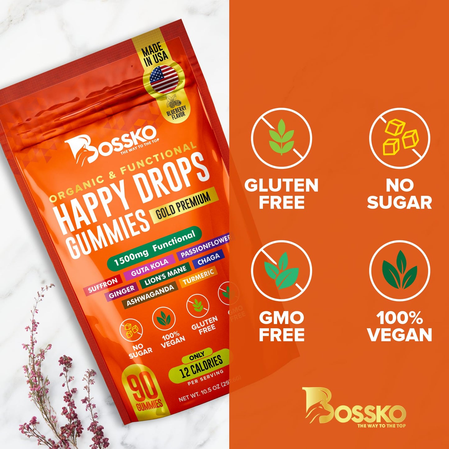 BOSSKO THE WAY TO THE TOP Happy Gummy Supplement 8-in-1 Advanced Formula Calm & Focus Support Gummies Blueberry Flavor 90 Count