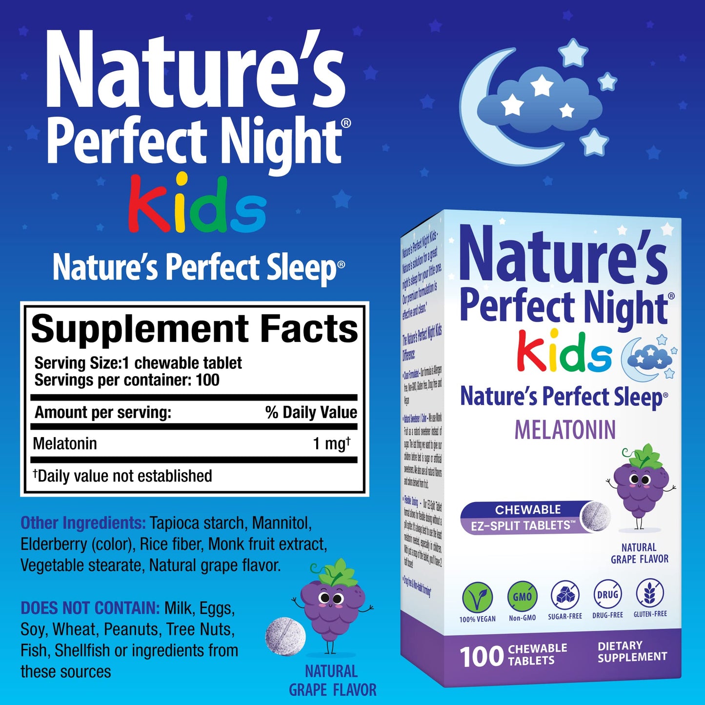 Nature's Perfect Night Kids Melatonin 1mg Chewable Tablets, 100 Count