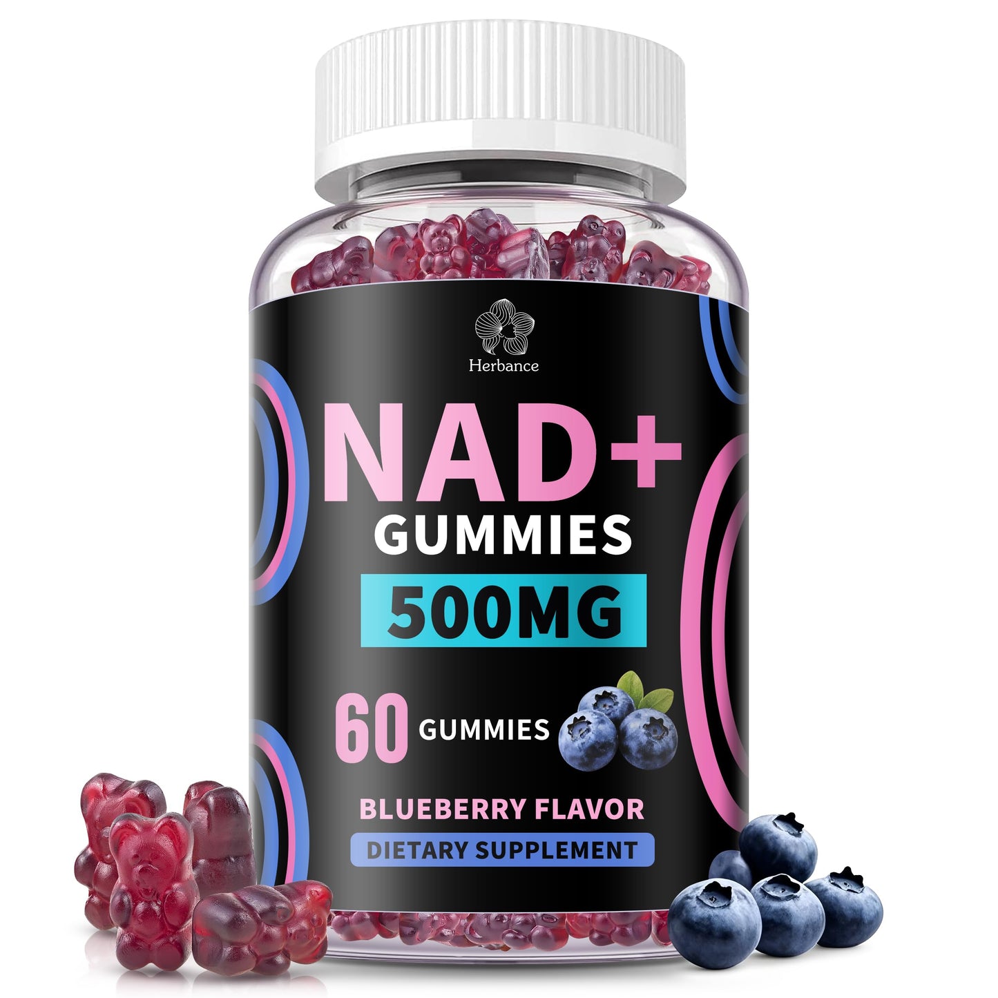 Herbance NAD+ Gummies, Liposomal NAD Plus Supplement, 500mg NAD+, 60 Gummies