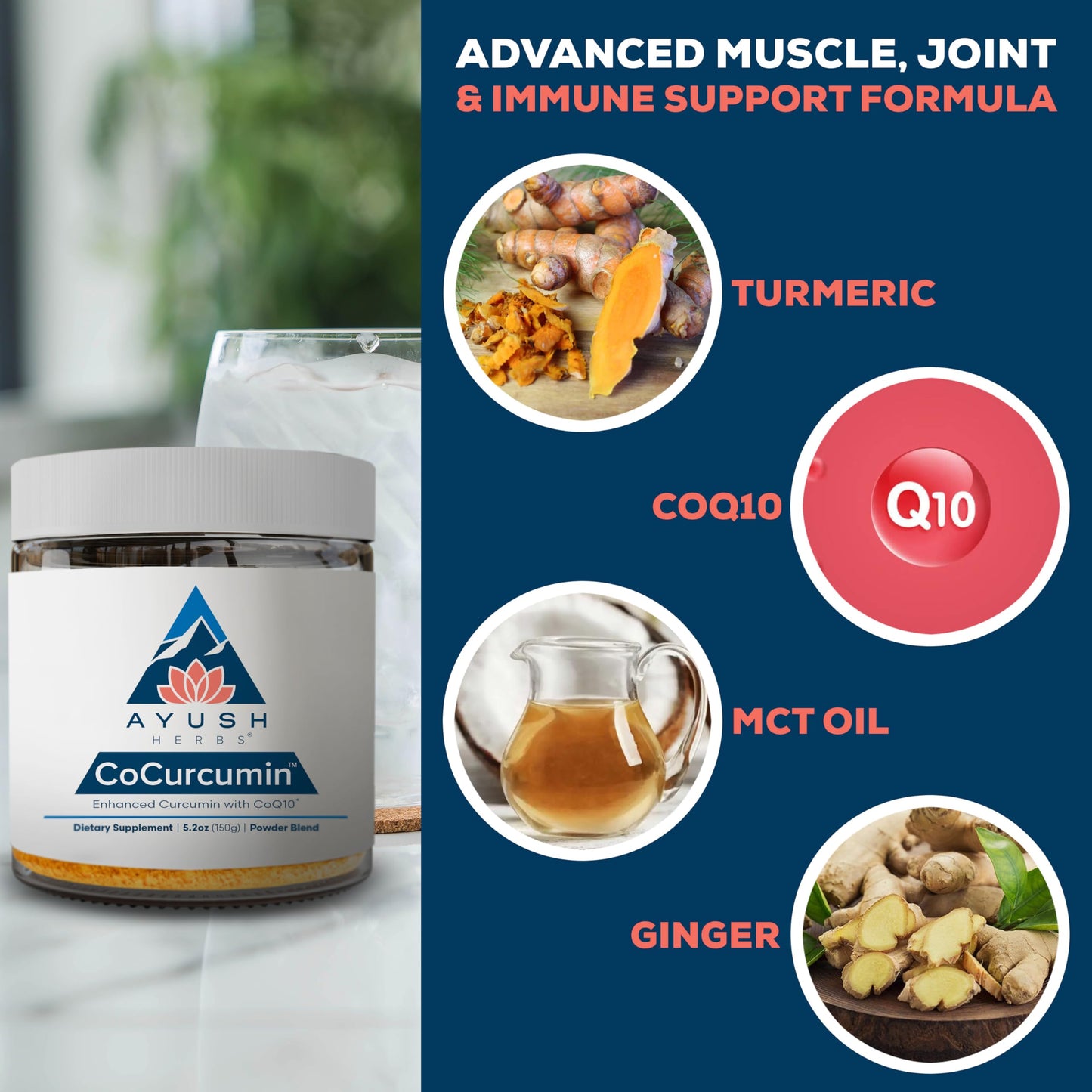 Ayush Herbs CoCurcumin Turmeric Powder with Black Pepper, CoQ10, MCT Oil 5.25 oz