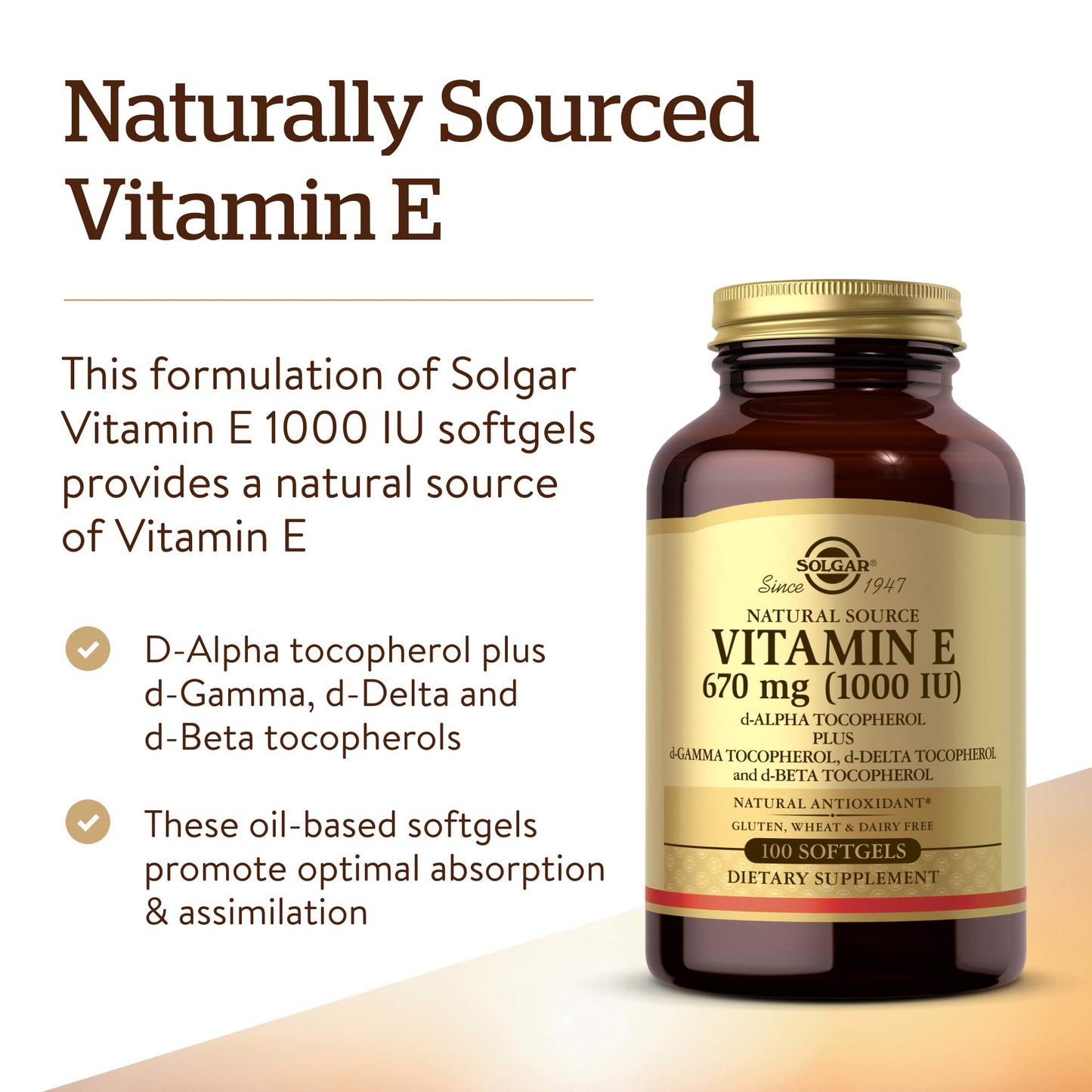Solgar Vitamin E 670 mg (1000 IU) Softgel, 100 Count