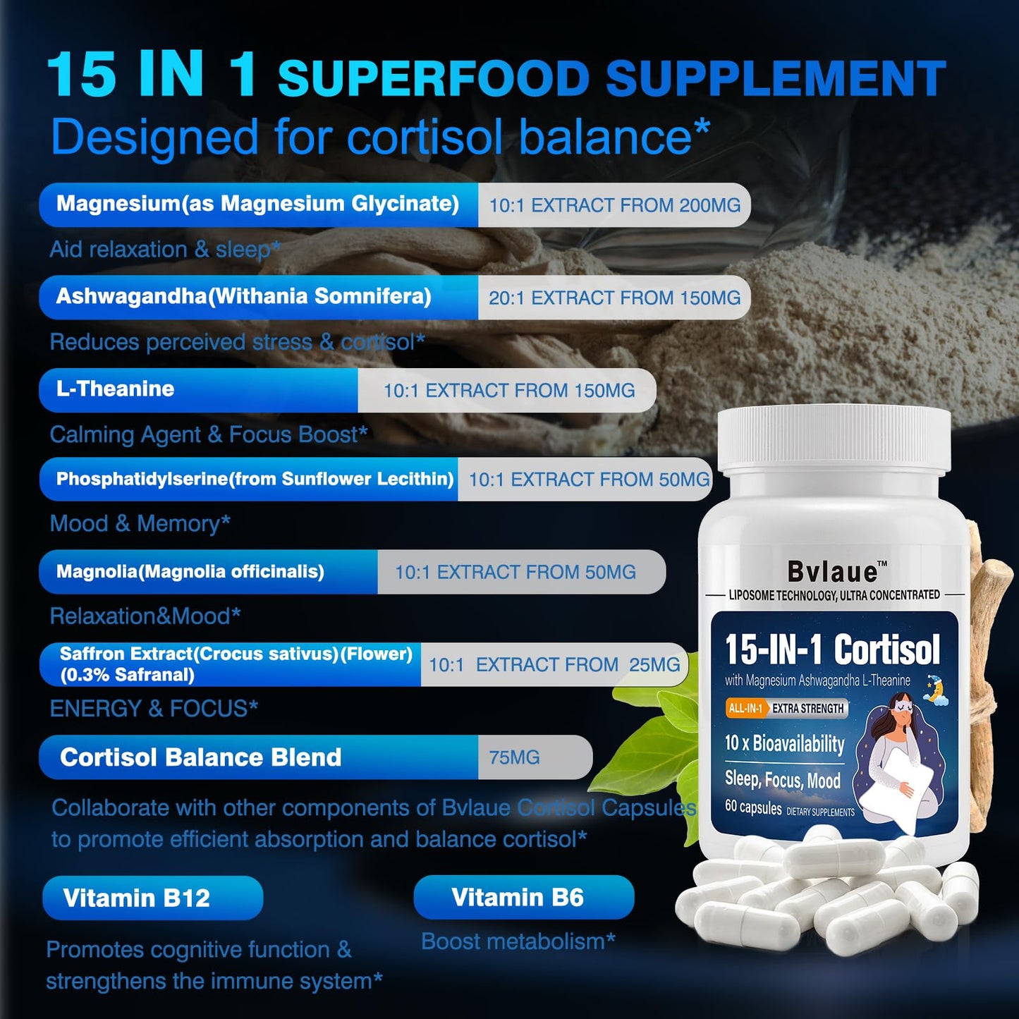 Bvlaue Cortisol Supplements for Women & Men 15-in-1 Cortisol Reducer Capsule, 60 Count