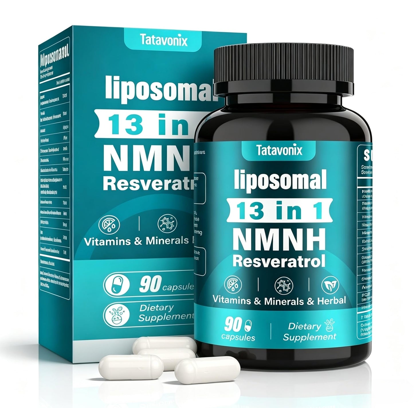 TATAVONIX NMN Supplement – NMN Alternative NMNH 1000mg per Serving, 13-in-1 Liposomal NAD+ with Resveratrol & Vitamin C Capsule, 90 Capsules