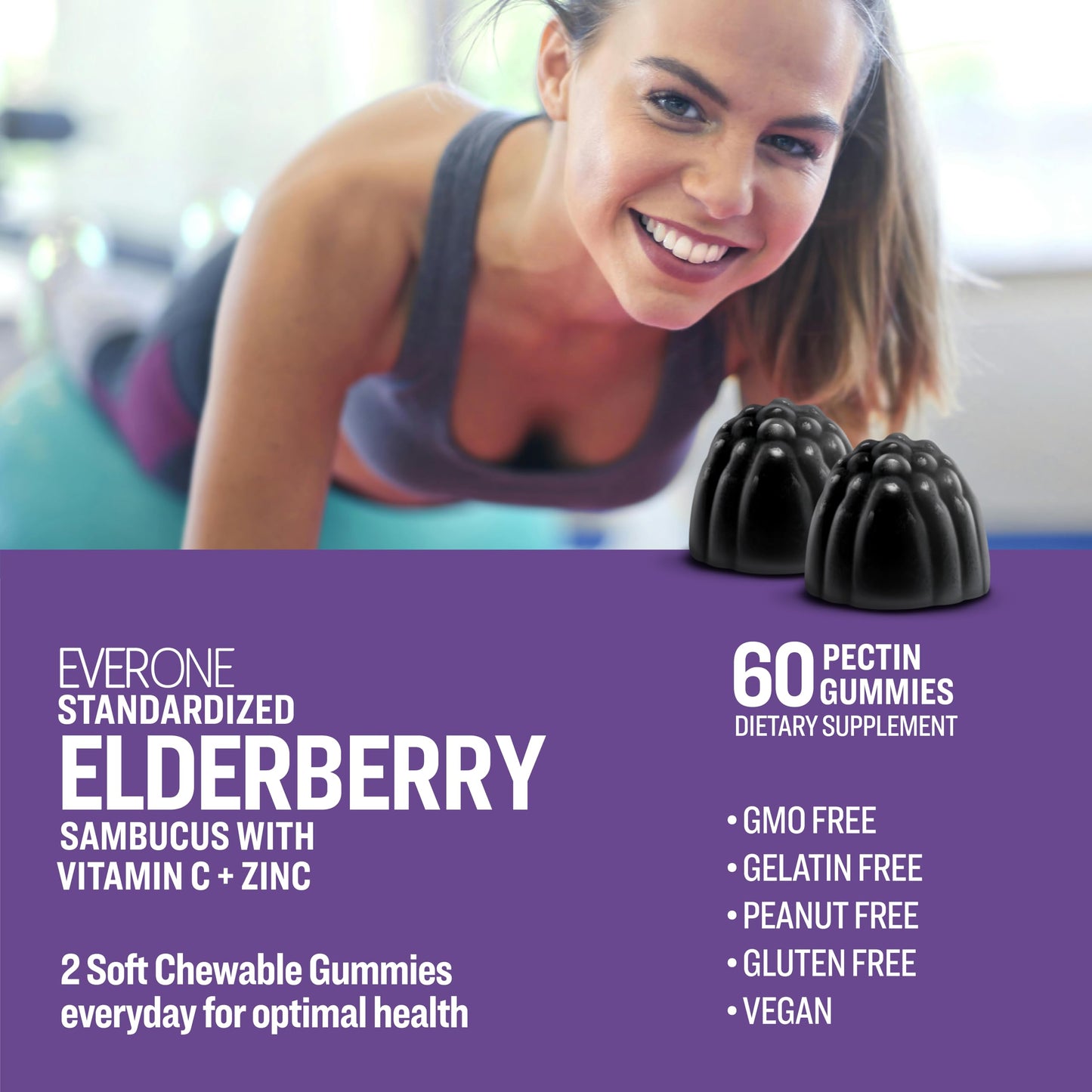 Ever One Sambucus Elderberry Gummies for Adults with Vitamin C and Zinc, 60 Count