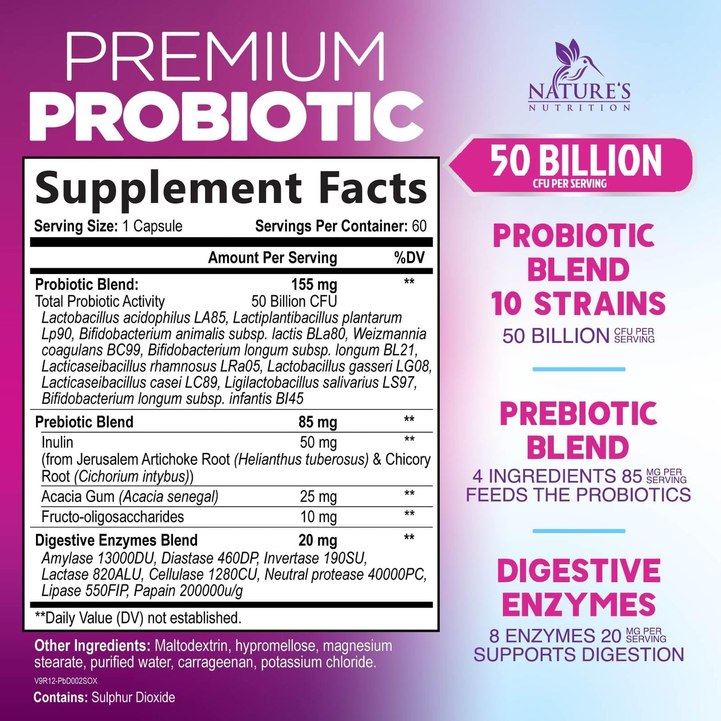 Nature's Nutrition Probiotics 50 Billion CFU per Capsule, 10 Strains & Prebiotics, Digestive Gut Health, 60 Capsules