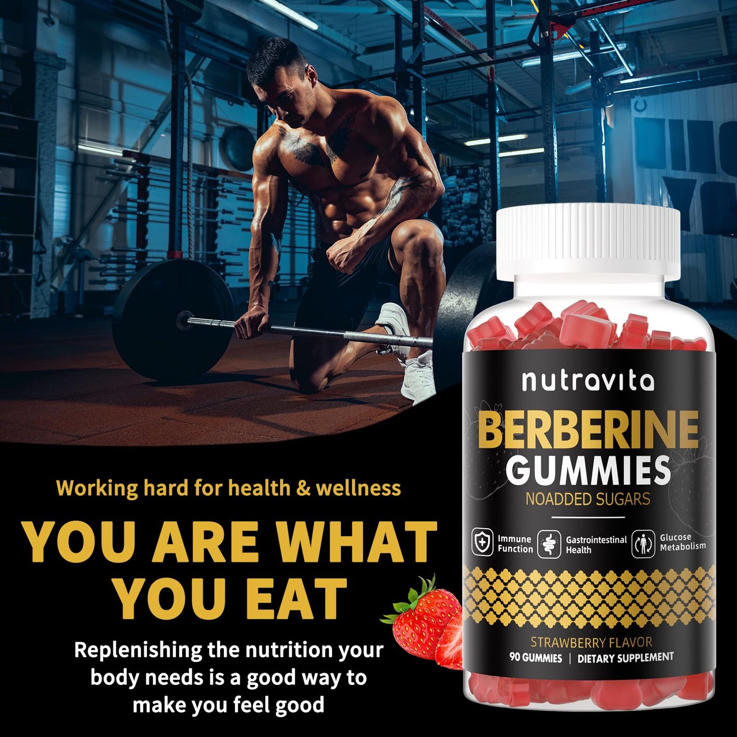 Nutravita Berberine Gummies with Ceylon Cinnamon 1500mg High Potency Berberine HCL for Immune and Metabolism Support, Sugar Free Organic, Strawberry Flavor, 180 Gummies