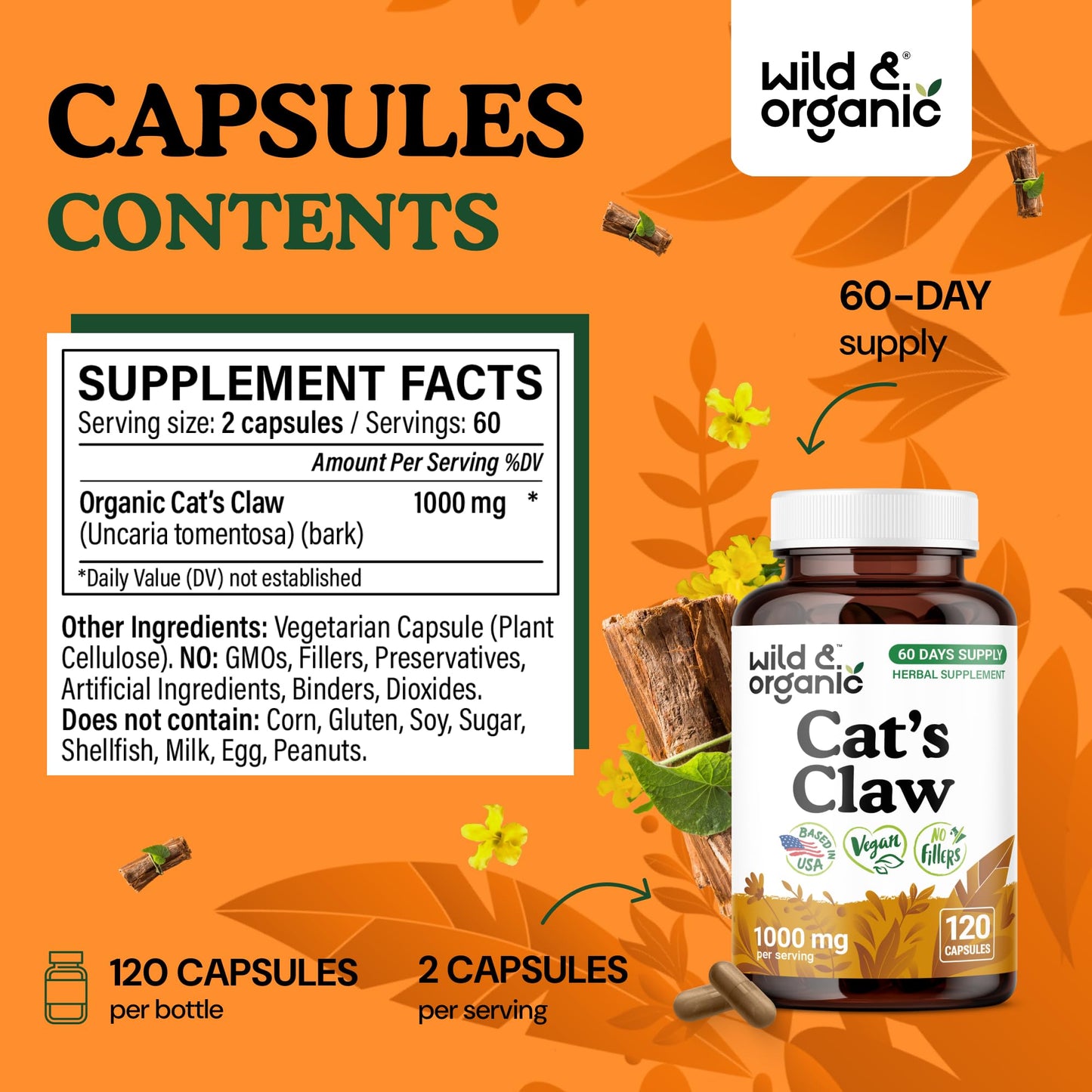 Wild & Organic Cat's Claw Capsules 1000 mg, 120 Count