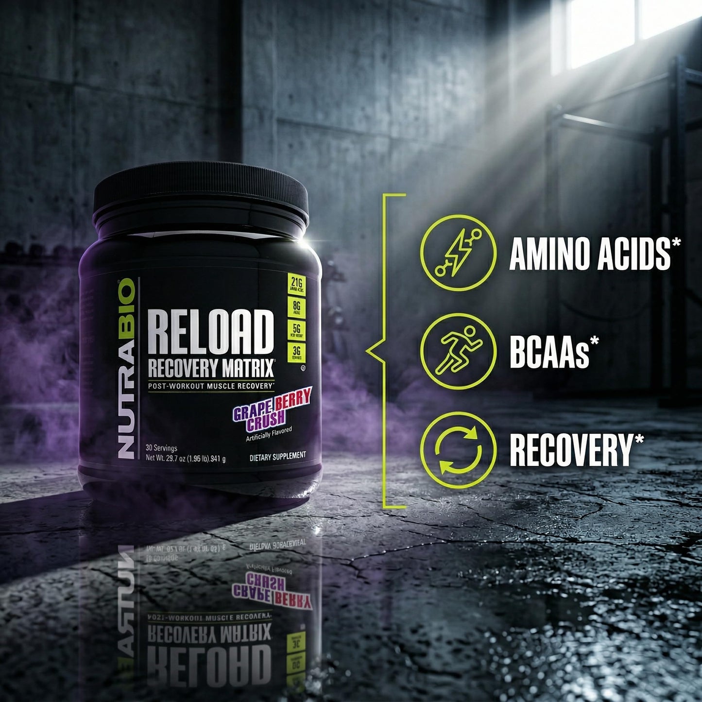 NutraBio Reload Powder 30 Servings - Powerful Muscular Recovery Formula - Post-Workout Supplement - 3G Creatine - 8G BCAAs - 5G Glutamine